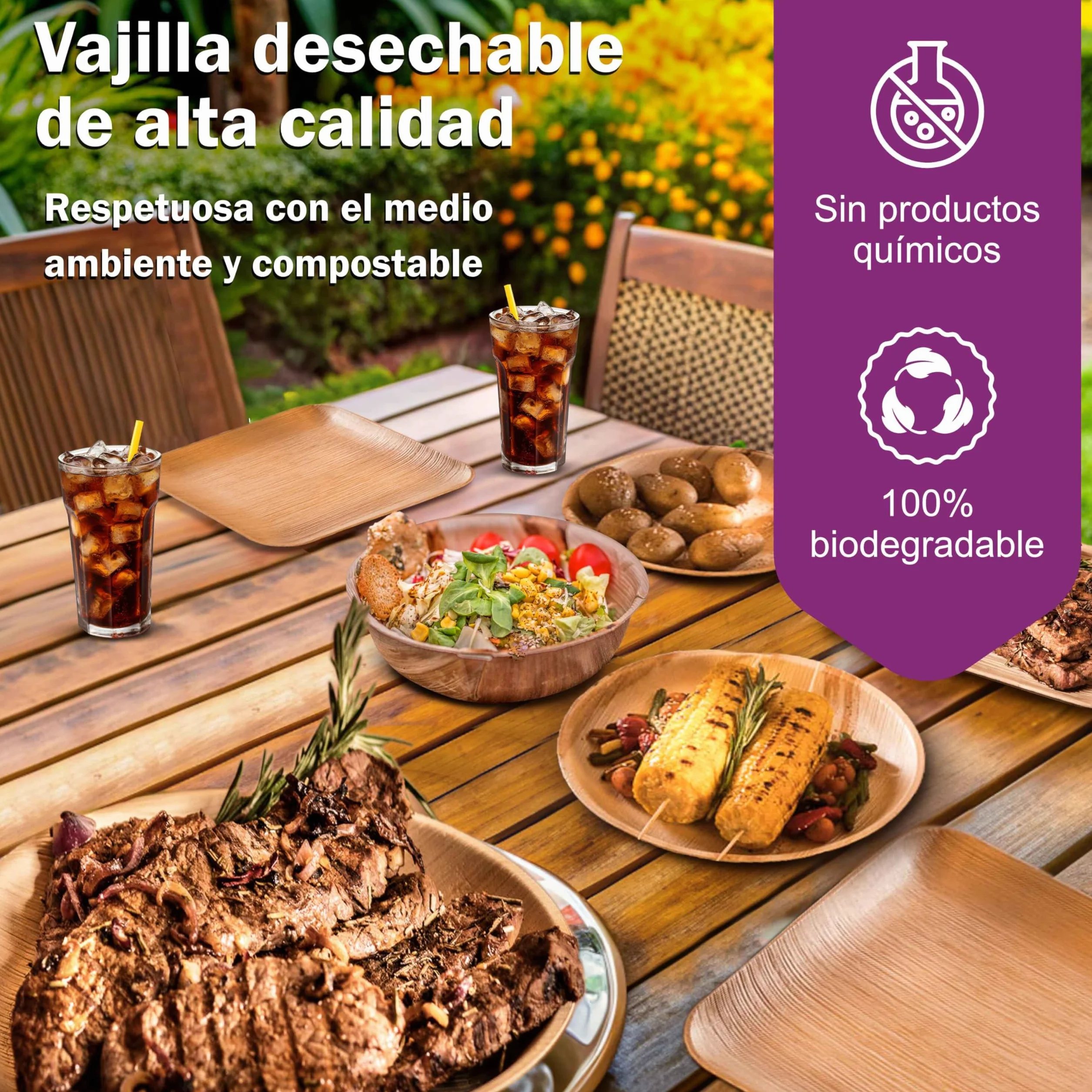 Platos Desechables de Hoja de Palma y Cubiertos de Madera - 25 Grandes y 25 de Postre, 50 Tenedores, 25 Cuchillos y 25 Cucharas - Vajilla Ecológica - Elegantes para Fiestas - similar al Bambu