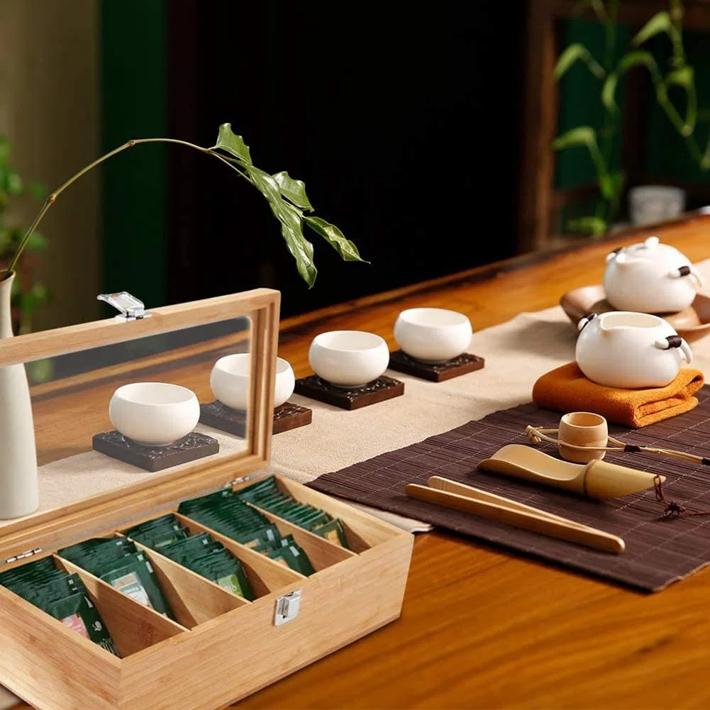 de Bambú Multifuncional Bolsa de Té Organizador de Joyas Caja de Almacenamiento 5 Compartimentos Caja de Té Organizador Contenedor de AzúCar