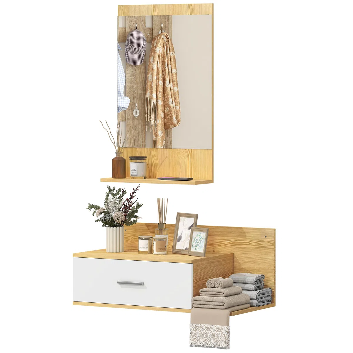 HOMCOM Conjunto de Recibidor de Entrada de Pared con Espejo, Cajón y 2 Estantes Abiertos, Muebles Recibidor para Pasillo, Madera Natural