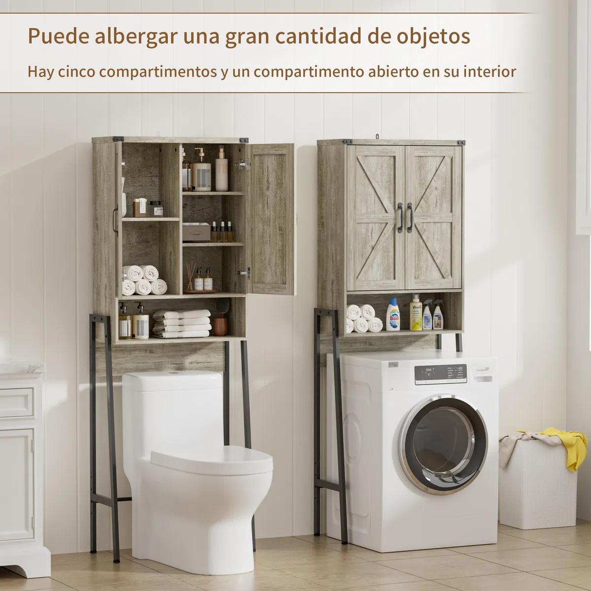 BonVache Estantería para inodoro con puertas, estantería de baño con 6 estantes, estantes para lavadoras pequeñas, armario para baño, 171 x 59,6 x 25,3 cm, gris