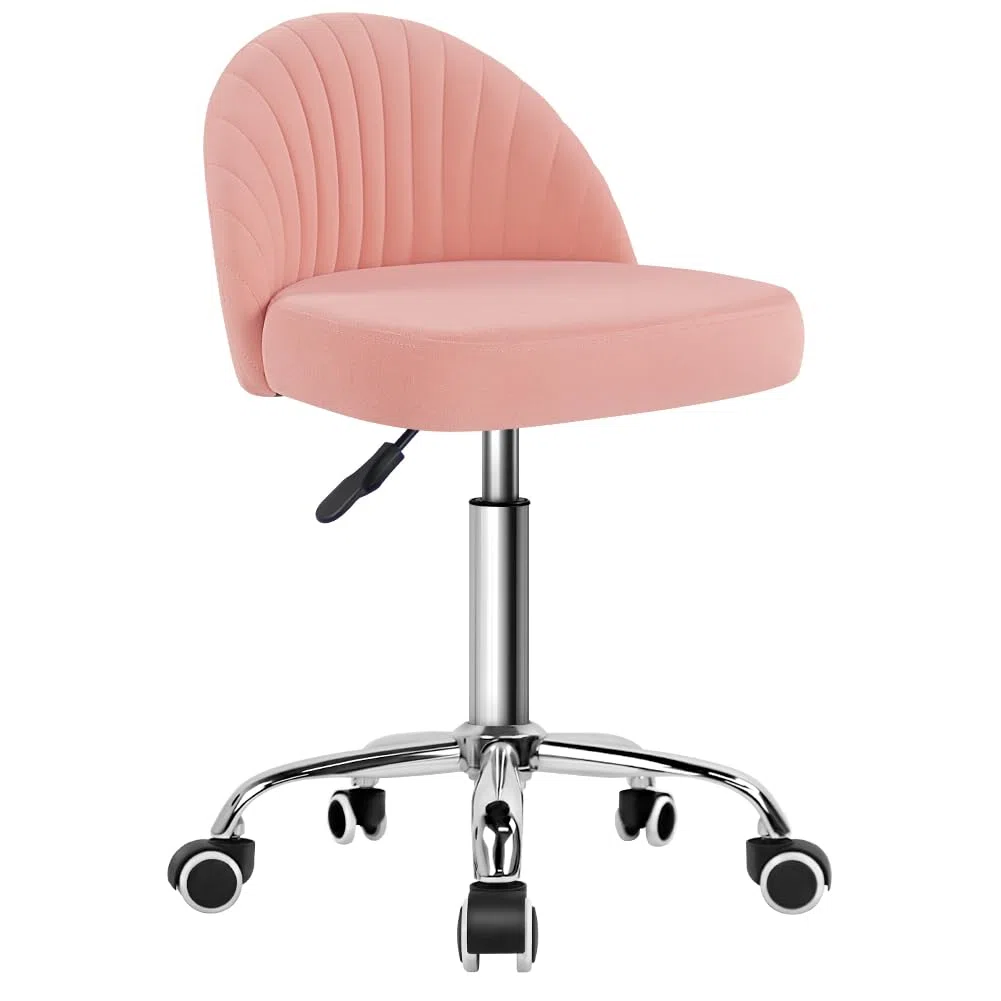 KKTONER Taburete giratorio de terciopelo con ruedas y respaldo ajustable en altura para dormitorio, hogar, maquillaje, cosméticos (rosa)