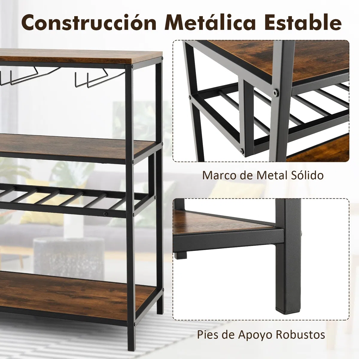 COSTWAY Estante Botellero Vino, Mueble Bar Industrial con Botellero y 4 Filas de Soportes para Vasos, Amplio Tablero y Estantes Abiertos, Armario Independiente para Vinos en Cocina, Comedor, Buffet