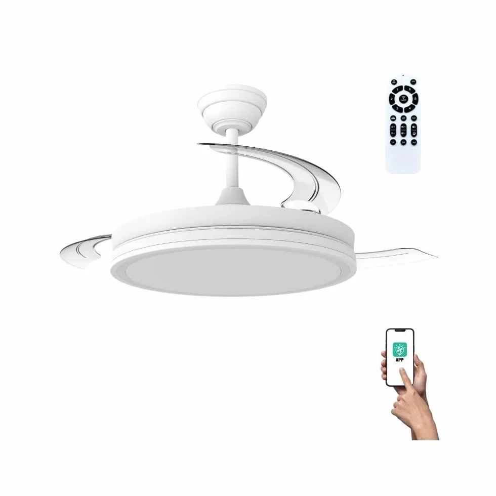 wonderlamp Ventilador LED aspas plegables Miso Evo Blanco 72W con Memoria de encendido, APP, Mando a distancia CCT 3000-4000-6000K, Intensidad Regulable, Silencioso