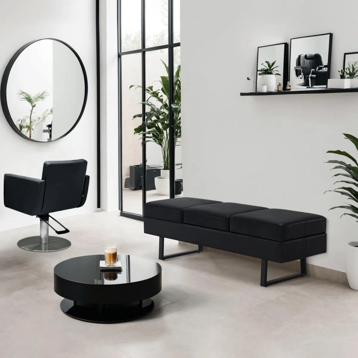 BarberPub 3 plazas para salón de SPA, Ancho 153 cm, Banco de Espera para peluquería, Acolchado para Dormitorio, de Cama para salón, mobiliario de peluquería W513 (Negro/Cuero sintético)