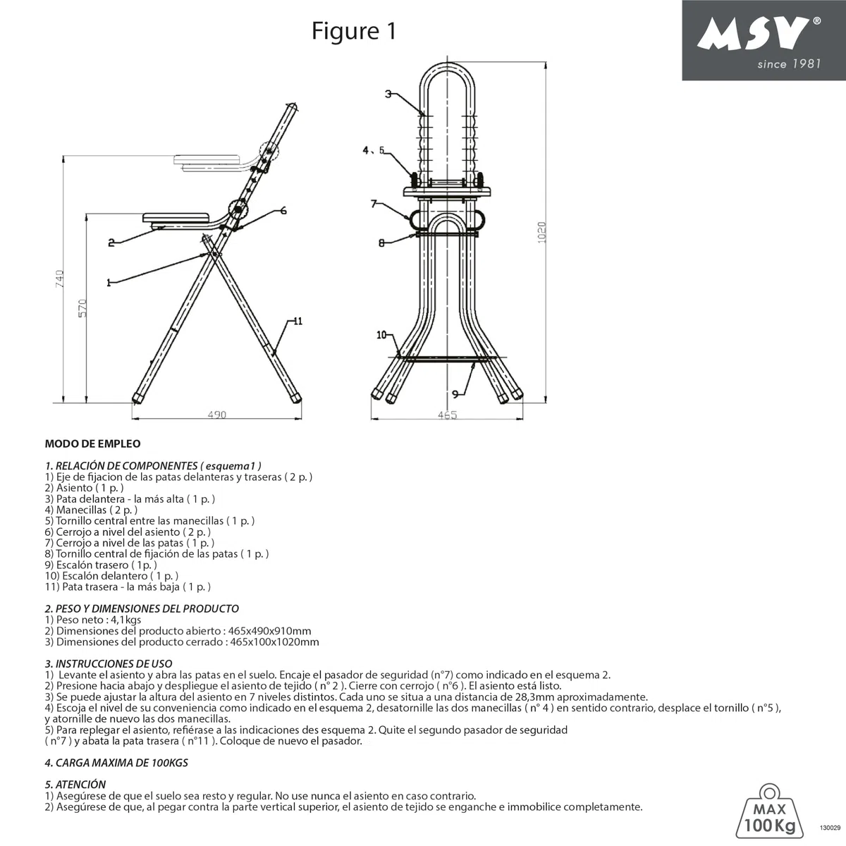 MSV - Taburete de Planchado de Acero Ajustable y Plegable (46 x 47 x 91 cm) - Altura Ajustable: Ofrece un Rango de Ajuste de 17 cm a 32,5 cm - Plegable - Se Puede almacenar fácilmente - hasta 100 kg