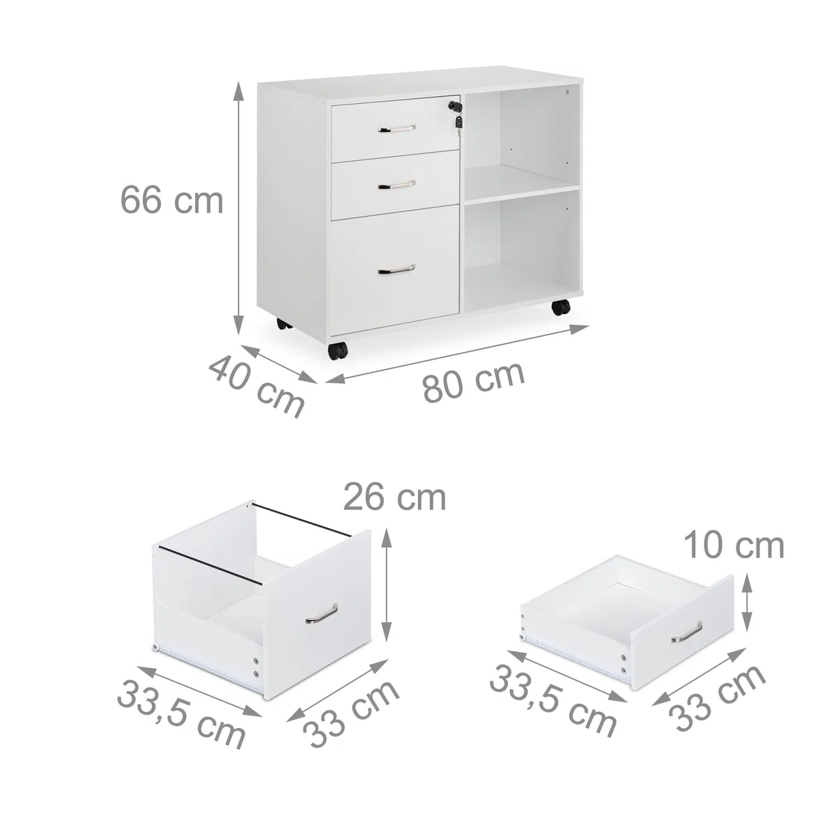Relaxdays Mueble Archivador, 3 Cajones, 2 Compartimentos, 66x80x40 cm, 4 Ruedas Cajonera Oficina, con Llave, Blanco