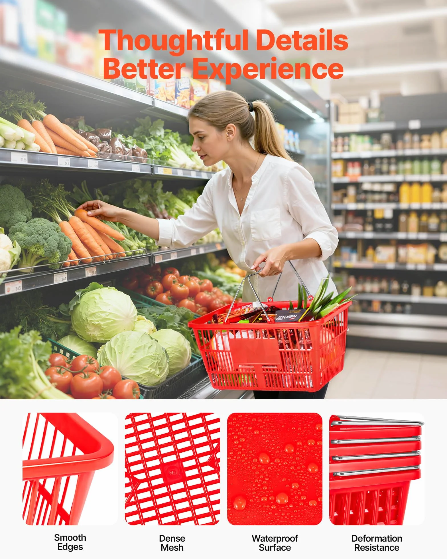 VEVOR Cestas de la Compra Apilables, Plástico PE, 21 L, con Asas Metálicas, Estructura de Malla Densa, Carga 9,07 kg, para Supermercados, Tiendas, Tiendas Minoristas y Uso Doméstico, Rojo, 12 uds