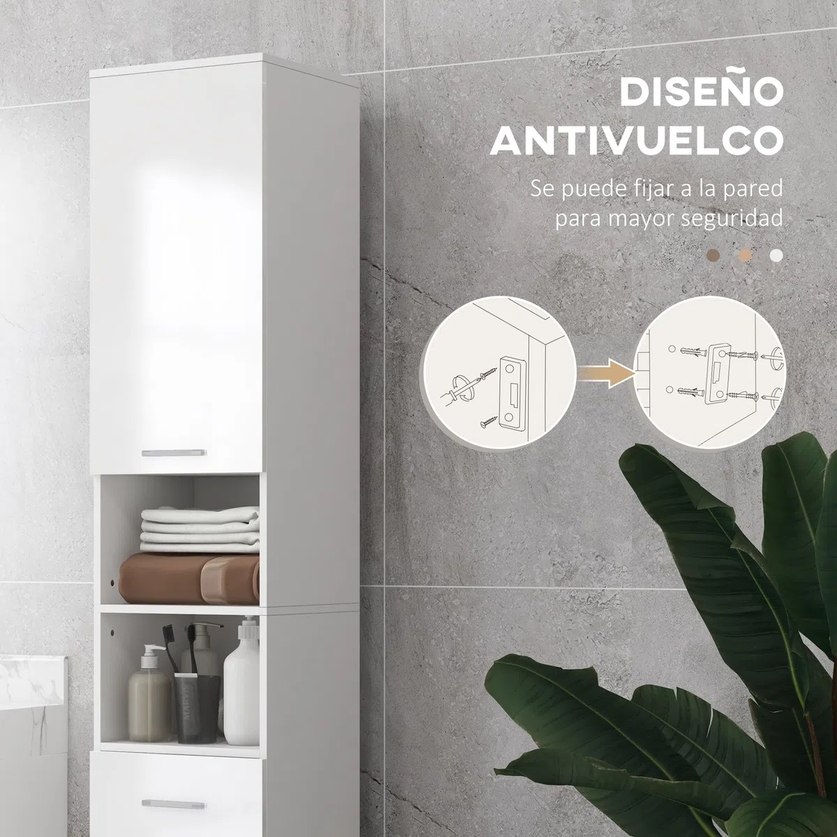 kleankin Armario de Baño Alto, Columna Auxiliar de Baño, con 1 Cajón, 3 Estantes Ajustable, 2 Armarios, para Salón, Dormitorio, 30x30x180 cm, Blanco Brillante