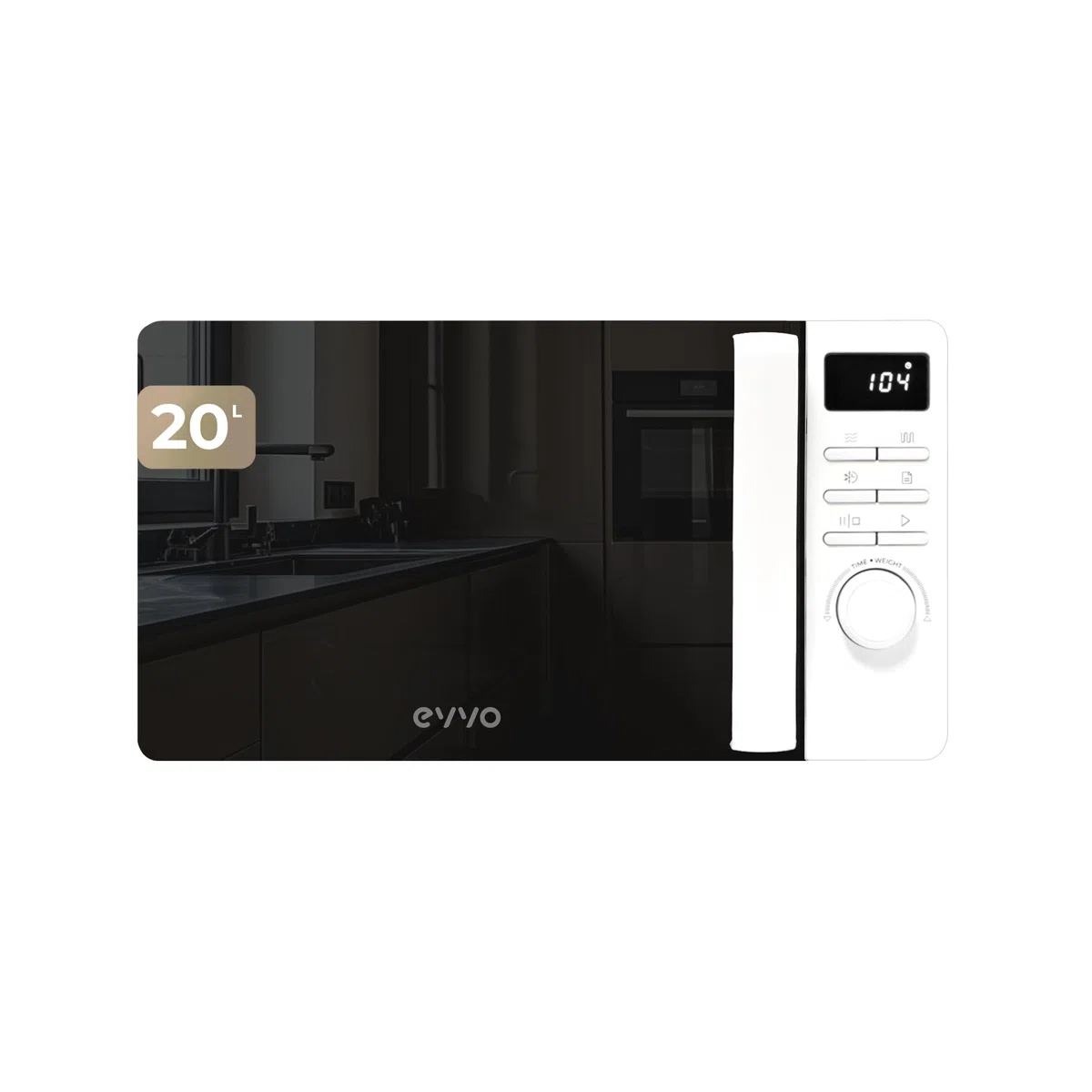 EVVO Microondas M20 White - Horno Microondas Libre Instalación con Función Grill, 800W, Capacidad 20l, Display Digital, Panel Control Táctil, Puerta Efecto Mirror, Bloqueo Infantil, Blanco