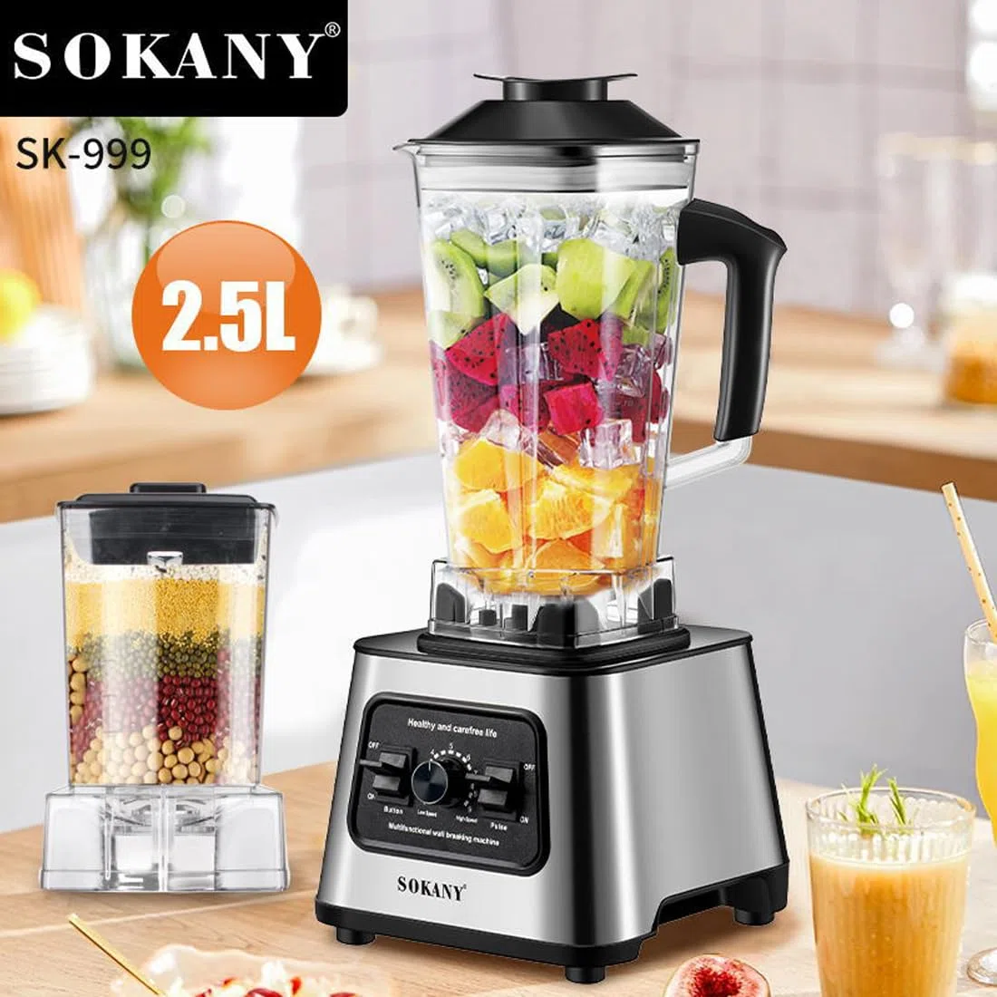 SOKANY SK-999 6000W Mezcladora de alto rendimiento, 15 velocidades, dos en uno [mezcladora y batidora 2.5l, trituradora de café], función de rotura de hielo, función de autolimpieza (SK-999, 6000W)