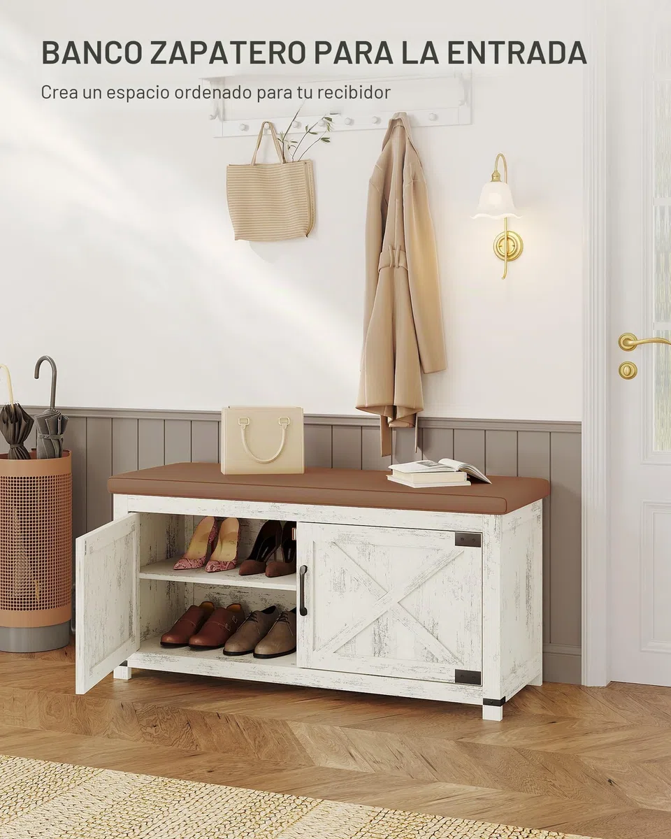 Hzuaneri Banco Zapatero con cojín, Mueble Zapatero Entrada con Puertas, 8 Pares de Zapatos, 35 x 100 x 49 cm, Entrada, Dormitorio, Sala de Estar, Blanco y marrón SB26614KA
