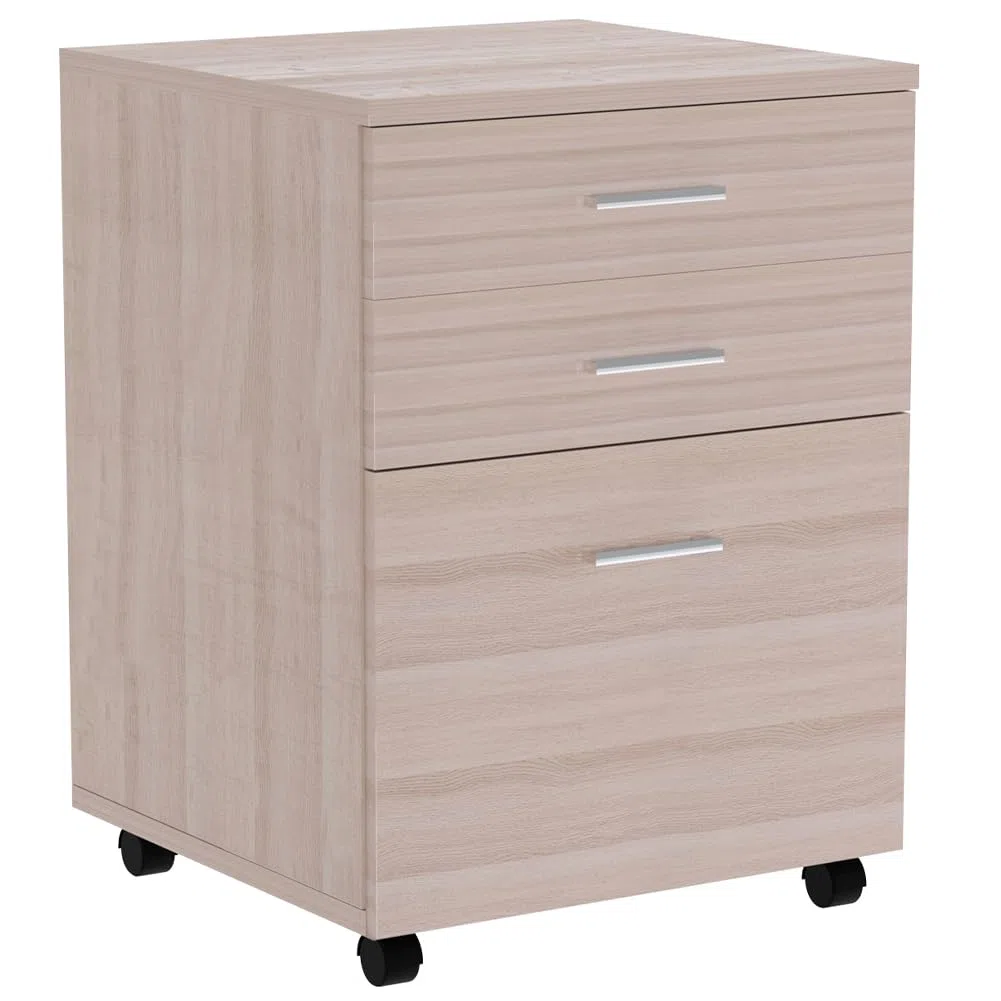 BAKAJI Cajonera móvil para escritorio, mueble para impresora de madera MDF con 3 cajones y 4 ruedas giratorias, diseño moderno, decoración para casa u oficina. Dimensiones: 46,5 x 45 x 64 cm (Olmo)