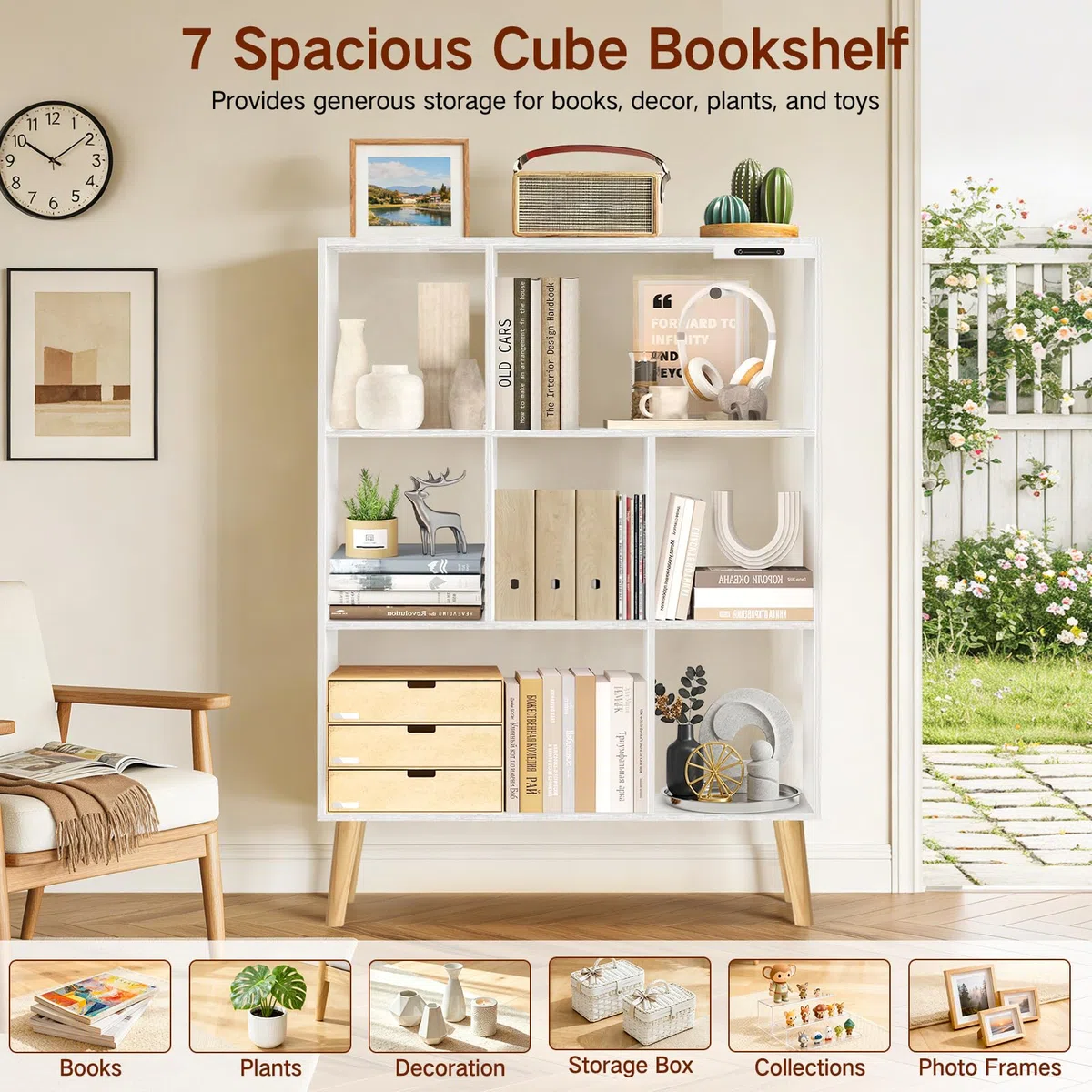 Estantería de 7 Cubos con Luces LED, Control Táctil y Remoto, Librería Moderna Independiente Regulable, Organizador de Madera para Salón, Dormitorio u Oficina