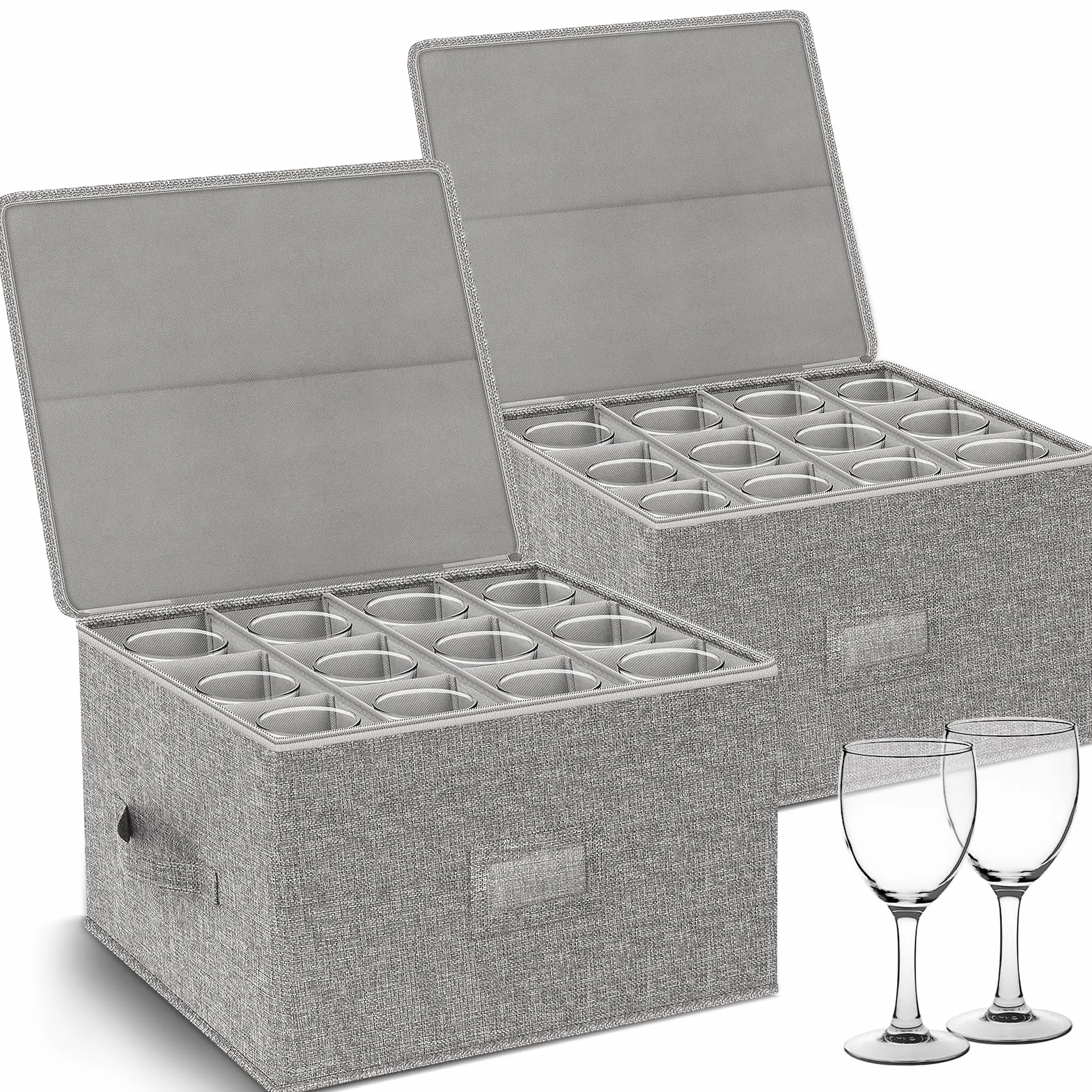 Kukikan Caja de almacenamiento para copas de vino, paquete de 2, cajas apilables con carcasa dura en la parte superior inferior, suministros de mudanza, contenedores de almacenamiento de China para 24