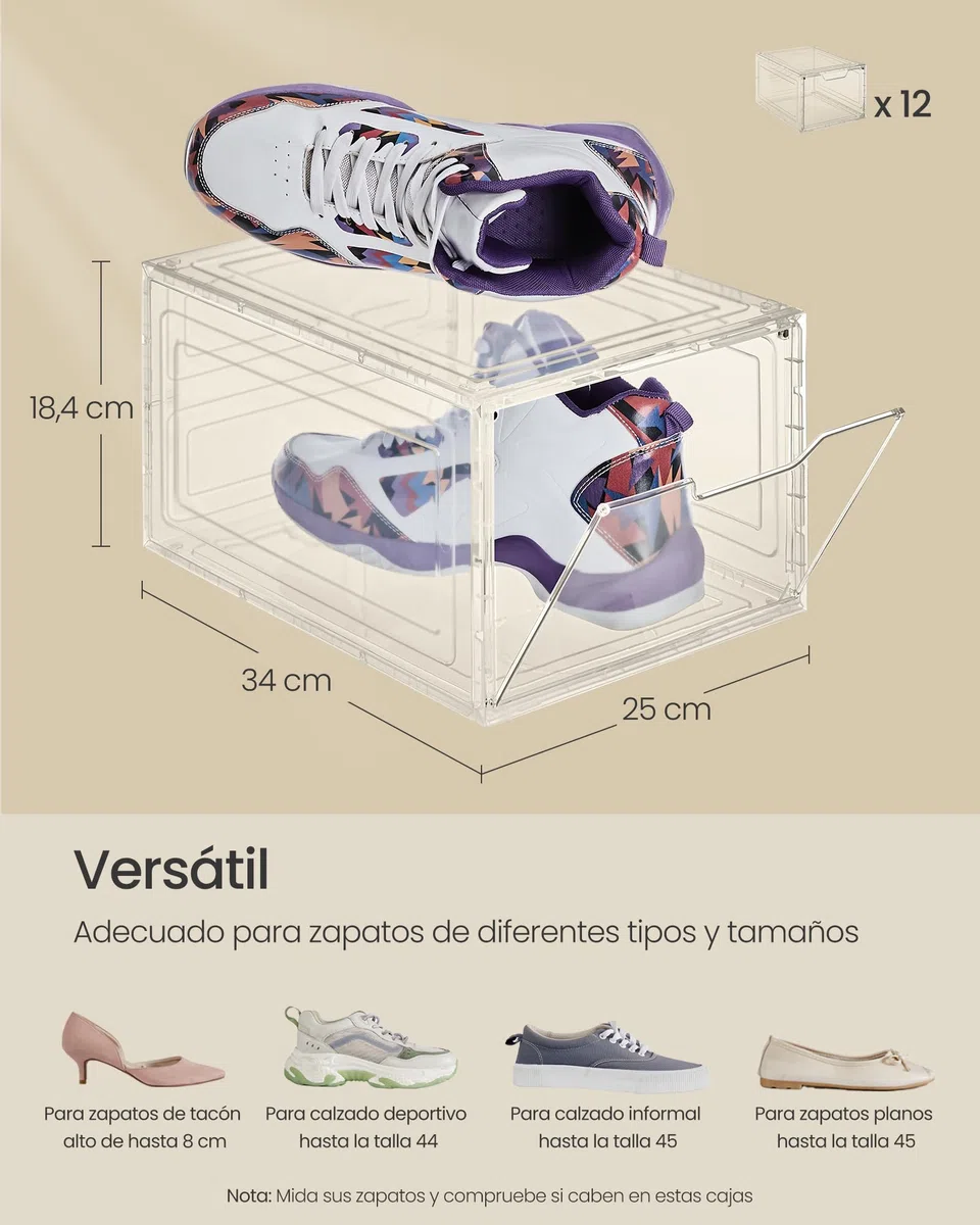 SONGMICS Cajas de Zapatos, Cajas Plástica Apilable para Zapatos, Juego de 12 Organizador de Zapatos, Ahorro de Espacio, Fácil Montaje, 34 x 25 x 18,4 cm, Hasta Talla 44, Blanco Transparente