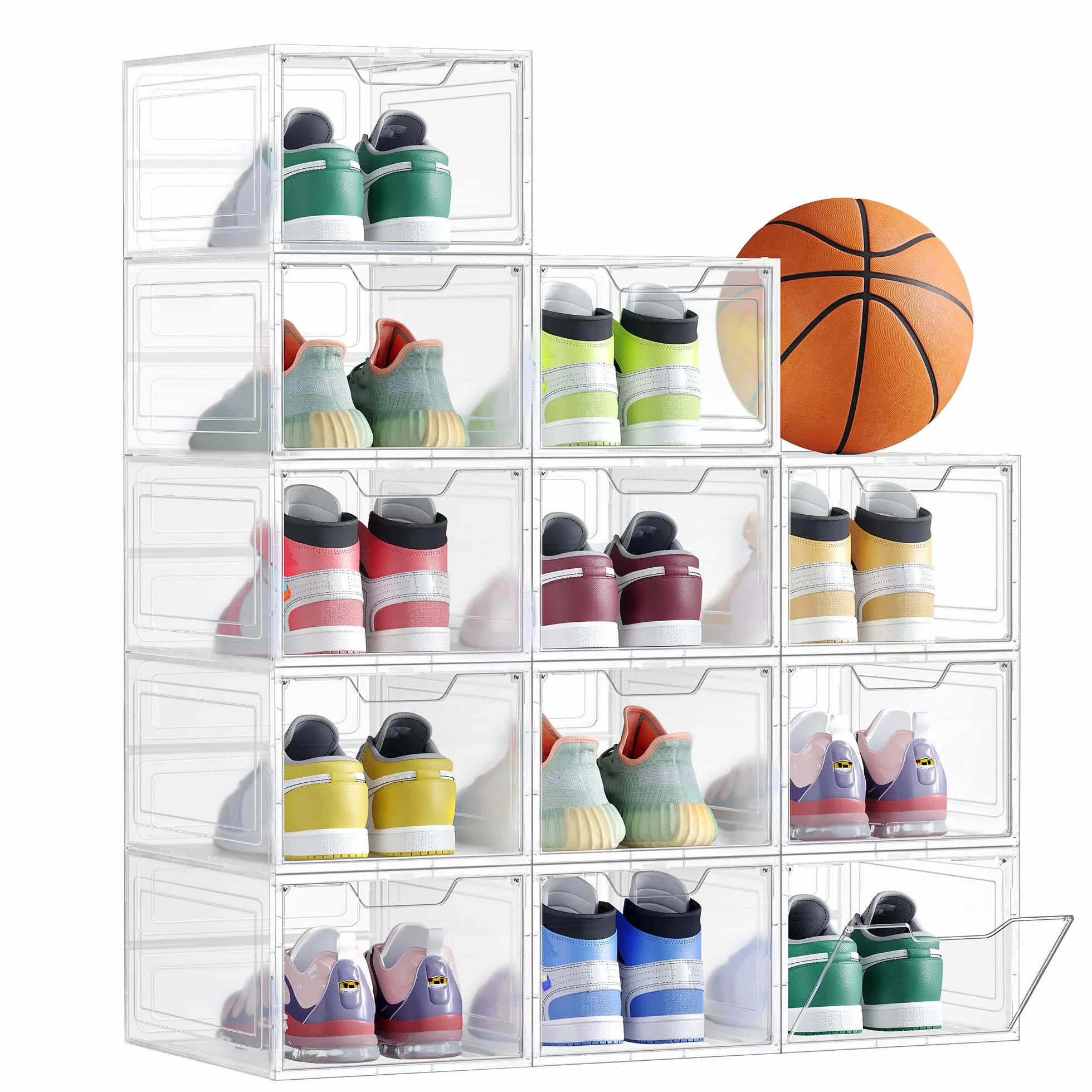 SONGMICS Cajas de Zapatos, Cajas Plástica Apilable para Zapatos, Juego de 12 Organizador de Zapatos, Ahorro de Espacio, Fácil Montaje, 34 x 25 x 18,4 cm, Hasta Talla 44, Blanco Transparente