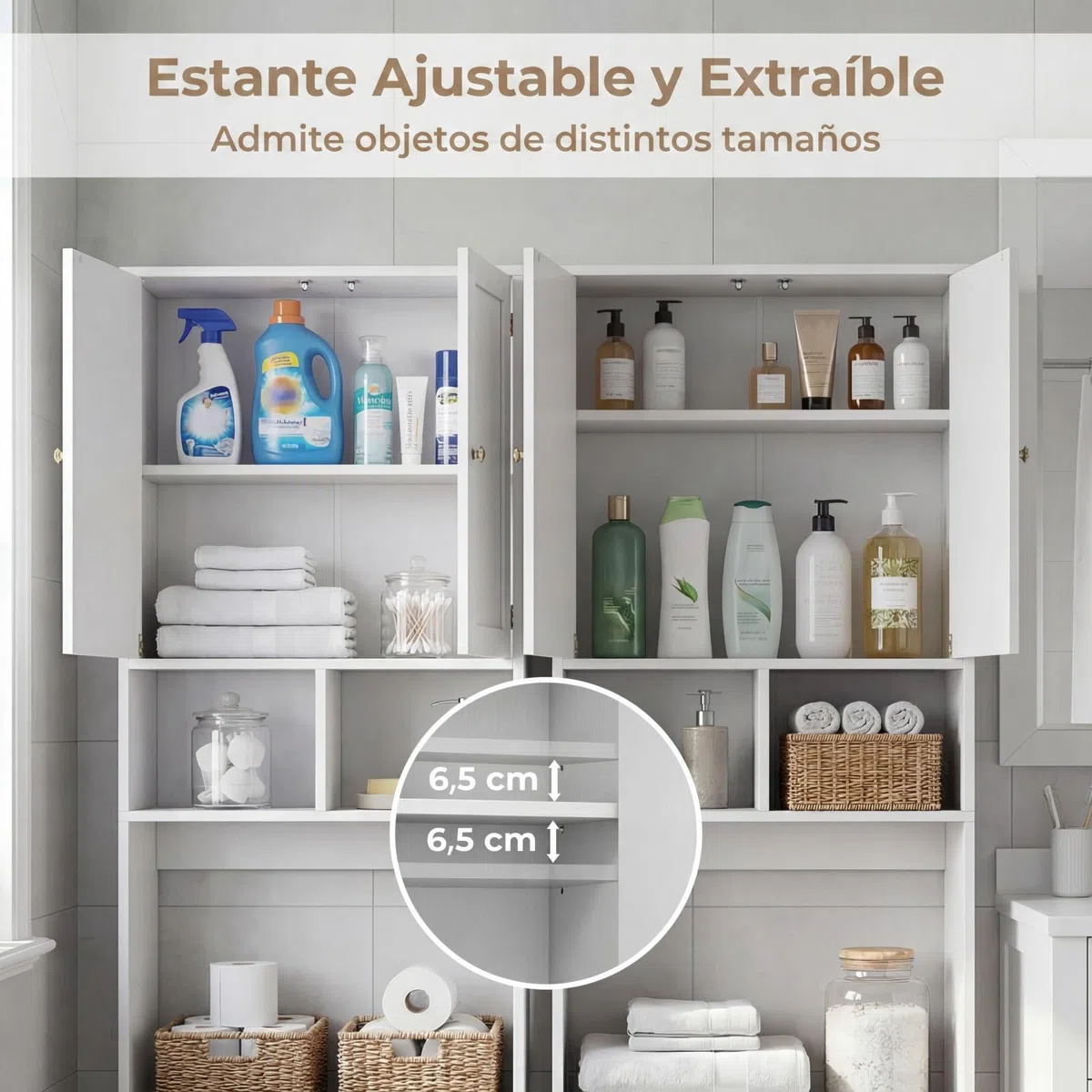 COSTWAY Armario de Almacenamiento sobre el Inodoro, Mueble Organizador de Baño con Puertas, 2 Compartimentos Abiertos, Estante Ajustable, Gabinete Estantería Ahorro de Espacio para Lavandería, Blanco