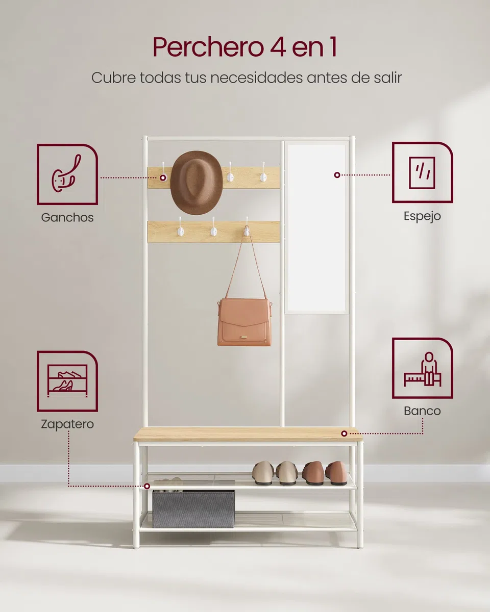 VASAGLE Perchero Zapatero, Perchero Recibidor con Ganchos, Espejo, Banco Zapatero y Estantes, 35 x 98 x 180 cm, Pasillo Dormitorio Salón, Moderno, Roble y Blanco Nube HSR415W09