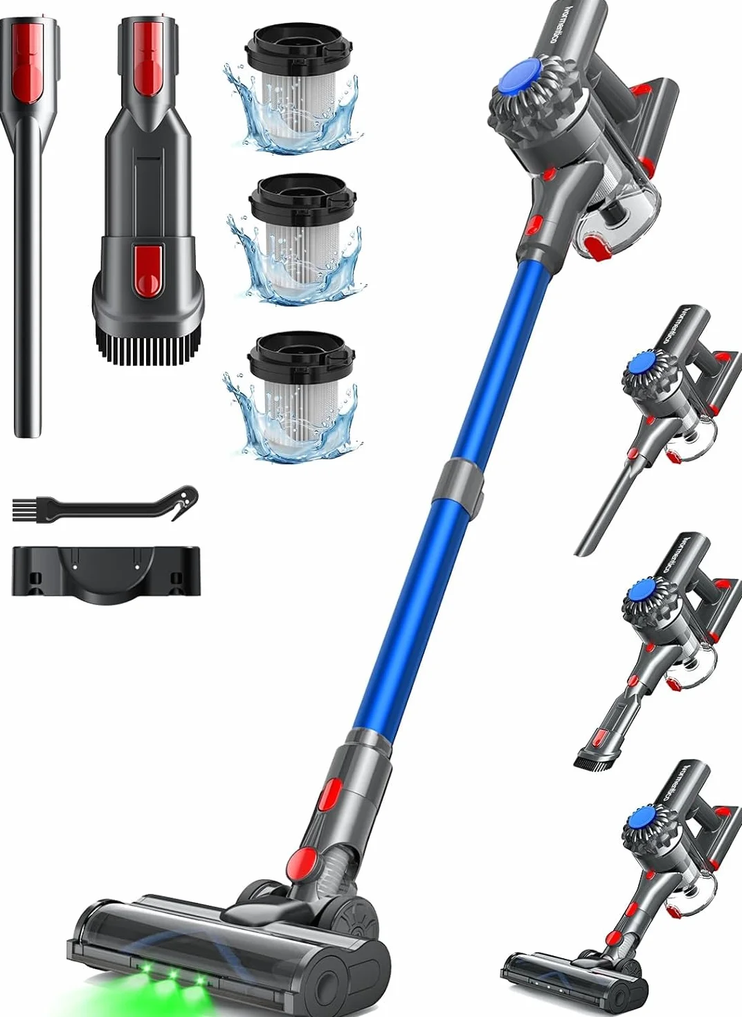 50Mins Aspiradora sin Cable, 40KPA Aspirador sin Cable, 450W Escoba Aspiradora sin Cable con Cepillo para Suelos Mejorado, Aspirador Vertical con LED Verde, para Suelo/Pelo, Azul