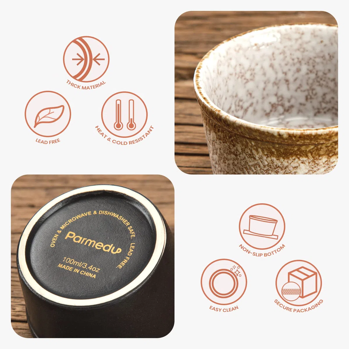 PARMEDU Juego de 6 Ramekin de Cerámica Mini Tazones de Porcelana Estilo Zen 100ml, Ramekins/Tazas Soufflé para Pudines, Brûlées, Soufflés, Helados, Salsas, Snacks, etc., Apto para Horno, Modelo BK002