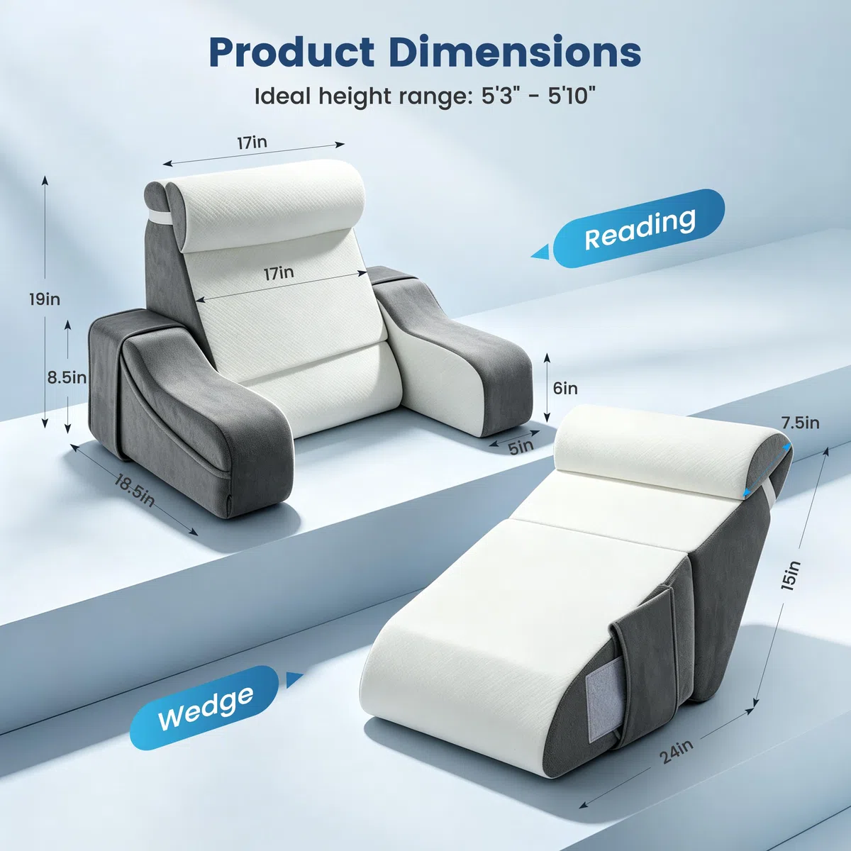 Cojín de lectura reversible 2 en 1 para cama y sofá, con reposabrazos y almohadas extraíbles, 2 ángulos de inclinación para el respaldo de 20° y 55 °, silla de cama para leer, jugar