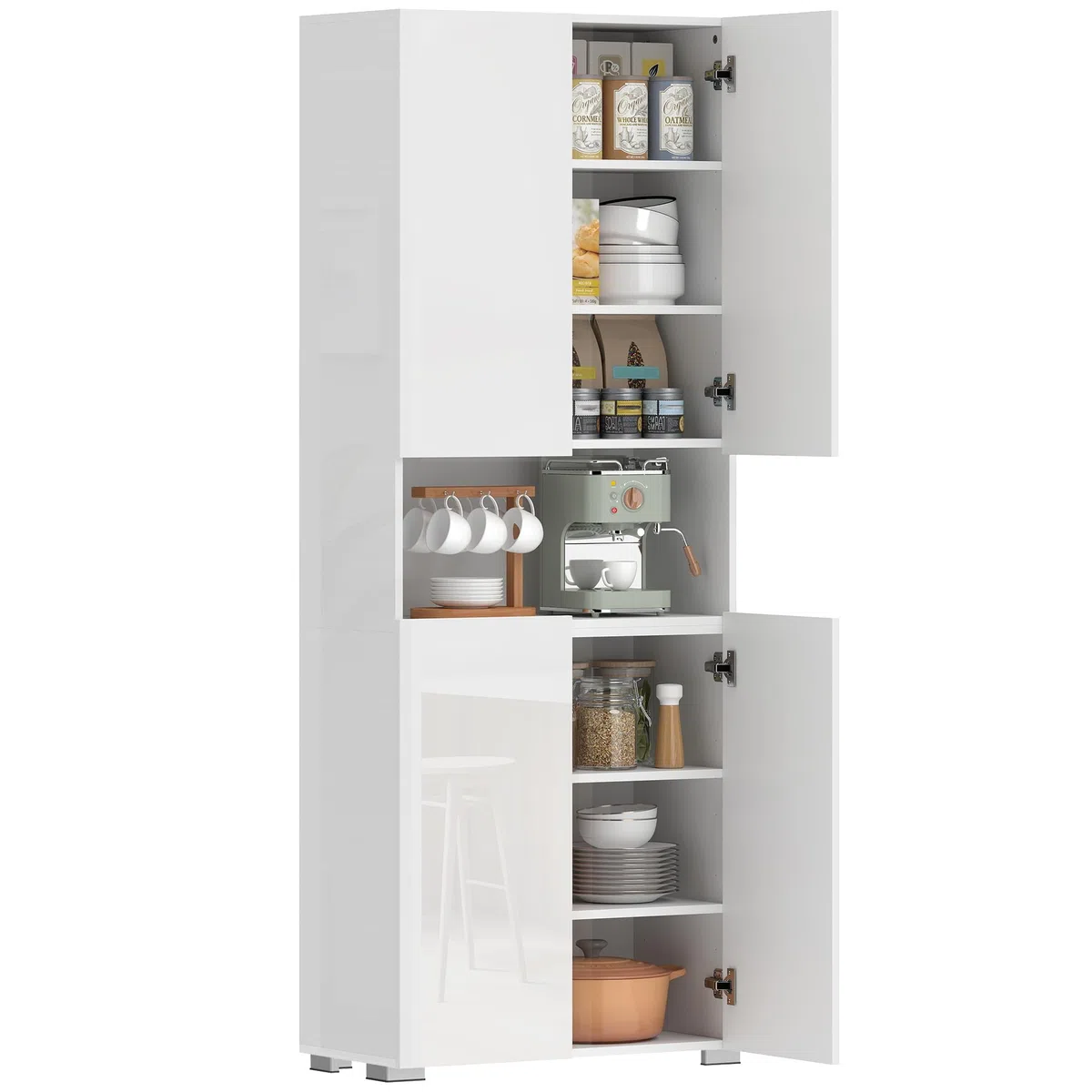 HOMCOM Alacena de Cocina, Mueble Auxiliar de Cocina de Blanco Brillo con 4 Puertas, Compartimento Abierto, Estantes Ajustables, 68x34x180 cm