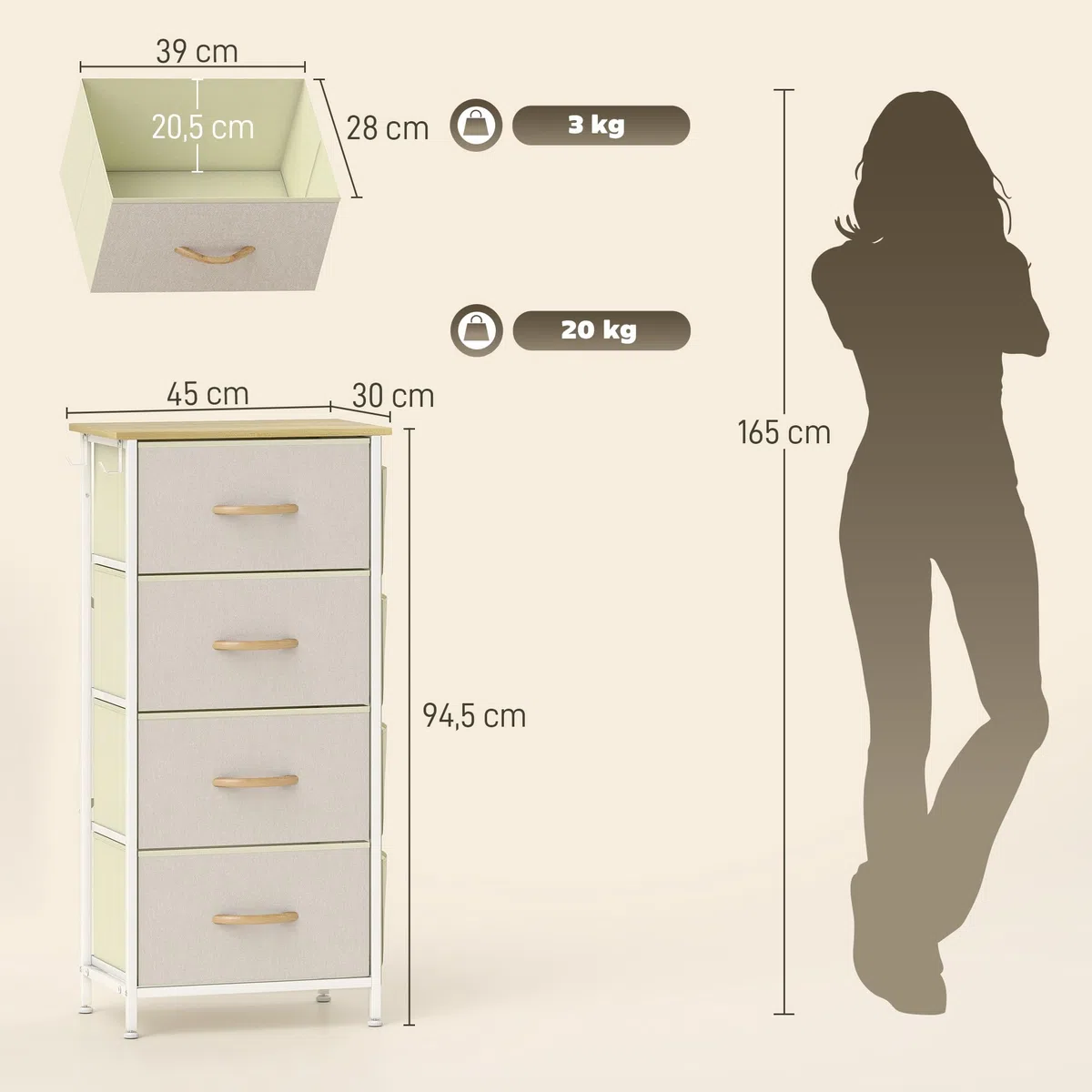 HOMCOM Cajonera de Tela Alta Cómoda con 4 Cajones 4 Bolsillos Laterales 2 Ganchos y Estructura de Acero Cómoda para Dormitorio Sala de Estar Pasillo Beige