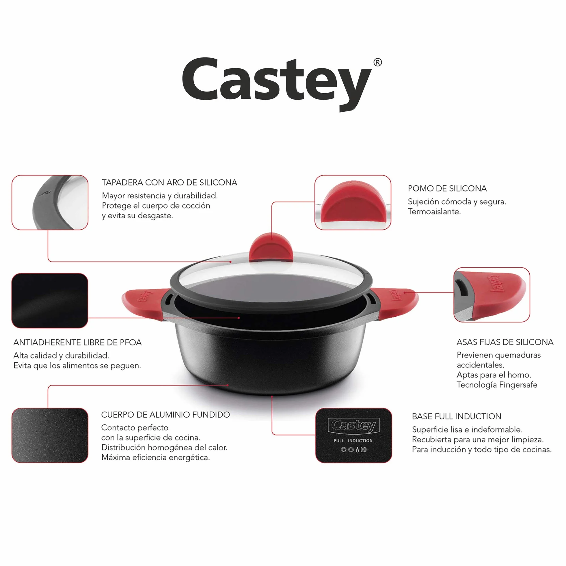 CASTEY - Cacerola Alta de Inducción, 28 cm, Modelo IO28, Aluminio, con Tapa, Revestimiento Antiadherente, Distribuye de Forma Homogénea el Calor, Resistente y Duradera, Libre de PFOA