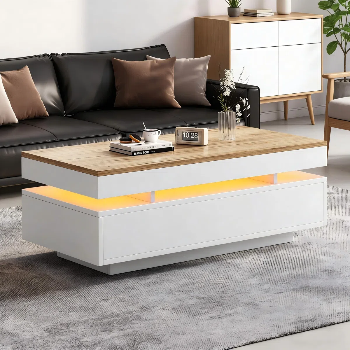 SACOOL 100 x 50 x 35 cm Mesa de centro con 2 cajones, mesa auxiliar LED de alto brillo, mesa de té, mesa de sofá, mesa de salón, mesa de café, color blanco + tono de madera, blanco, madera