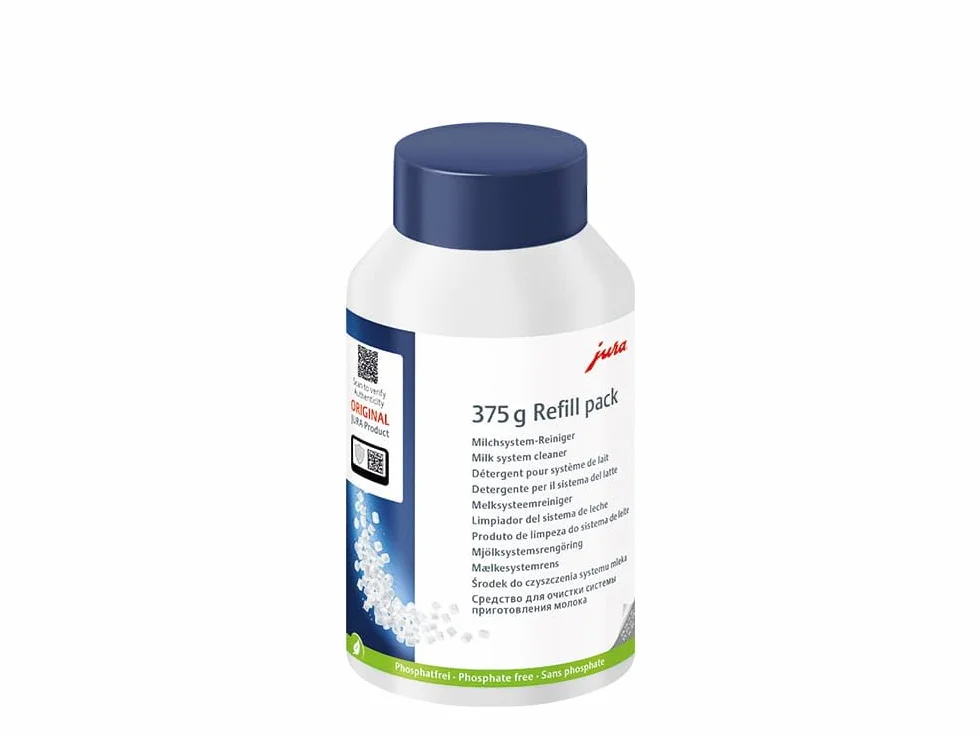 JURA Original – Minipastillas para limpieza del sistema de leche para 125 limpiezas – Certificación TÜV – Botella de recarga de 375 g – 24332, color blanco