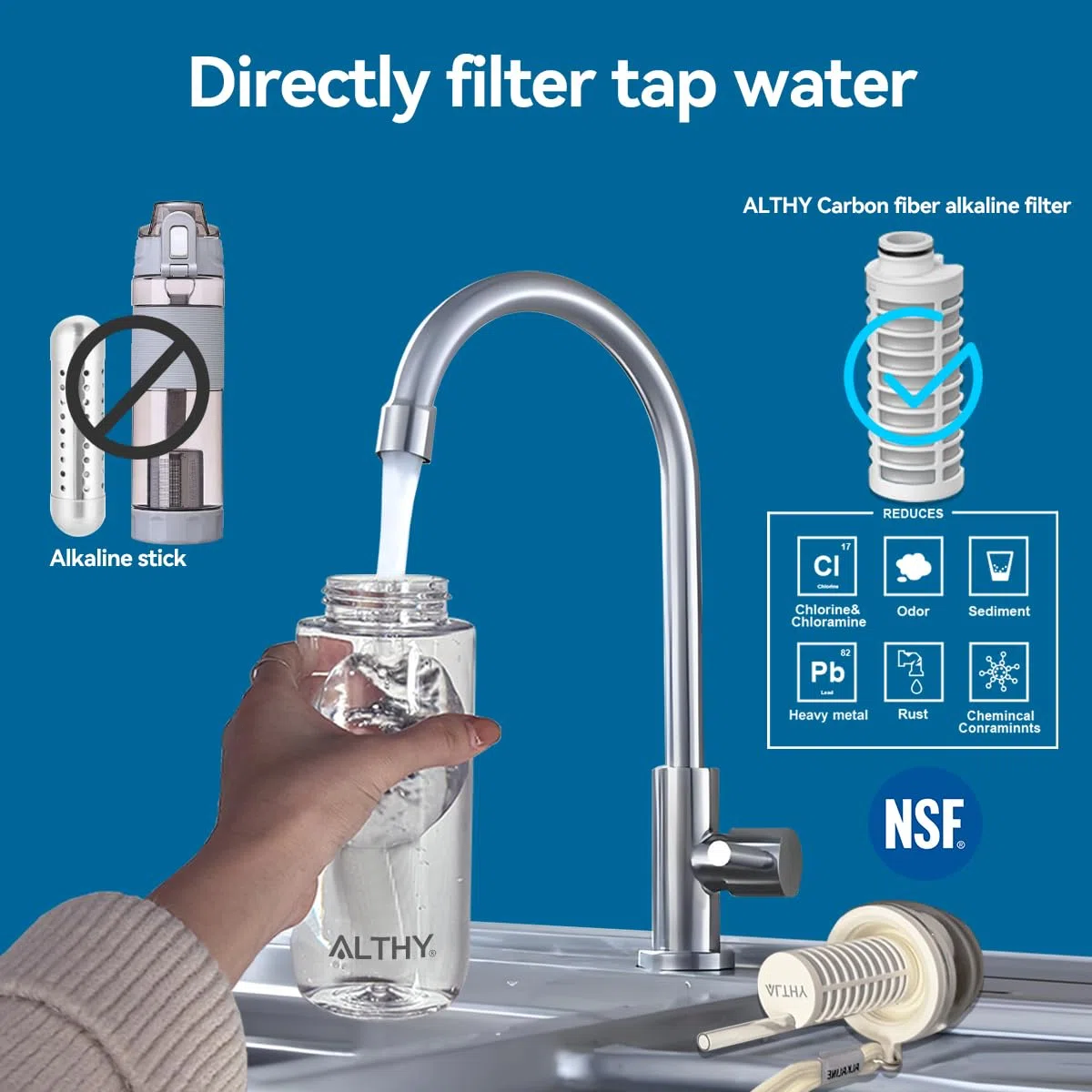 ALTHY - Botella Alcalina de Filtro de Agua, Alcalina Agua Hasta pH 9.5, Minerales y Electrolitos añadidos, Sistema Compuesto de Alcalinización y Filtración, sin BPA, 500 ml, 3 Filtro Incluido