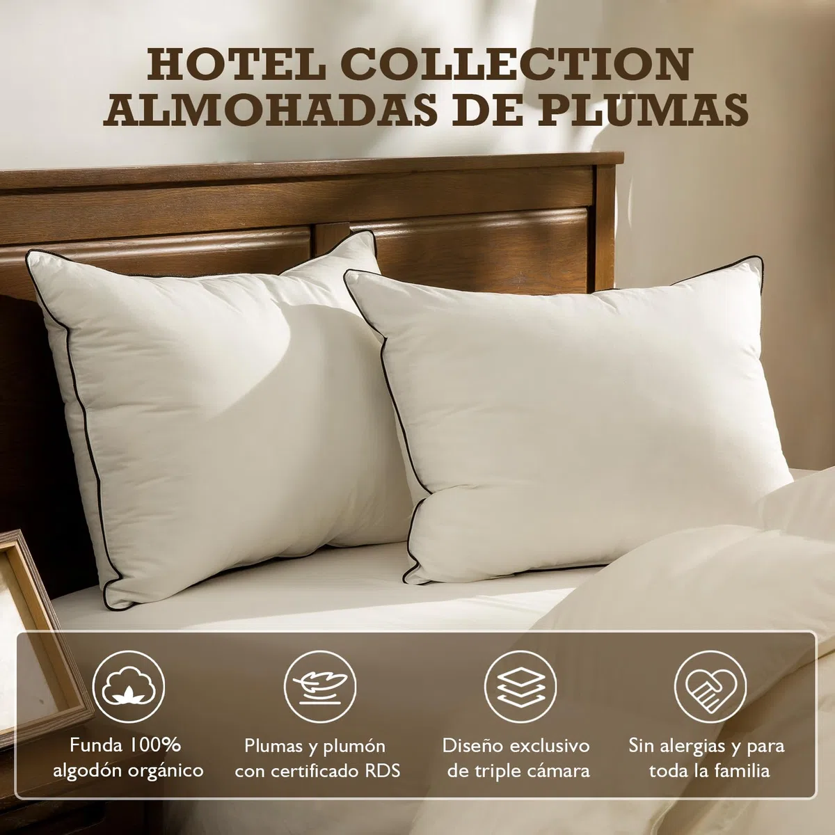 BPC Plumón de plumas orgánico almohadas 50x75 Pack de 2 Unidades, Lujosa almohada para dormir de hotel de 3 cámaras, Almohada 50x75 cm plumón con funda 100% algodón y relleno de pluma de ganso, Blanco