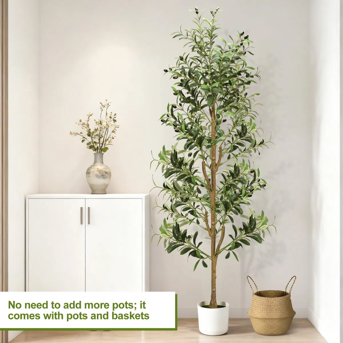 NZQXJXZ Olivo Artificial 180 cm con Luces, Plantas Artificiales Decorativas con Maceta y Cesta, Planta Artificial Grande con Tronco Natural y Frutos para Hogar Oficina