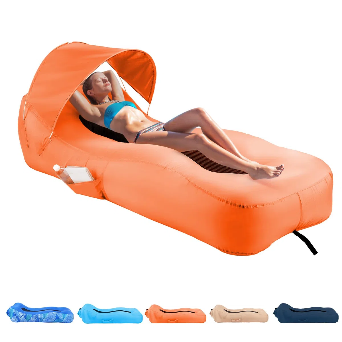 Tumbona inflable con diseño único de sombra, cama de playa inflable con almohada, sofá inflable impermeable, silla de camping, hamaca para senderismo, patio, viajes, playa, picnic (naranja)