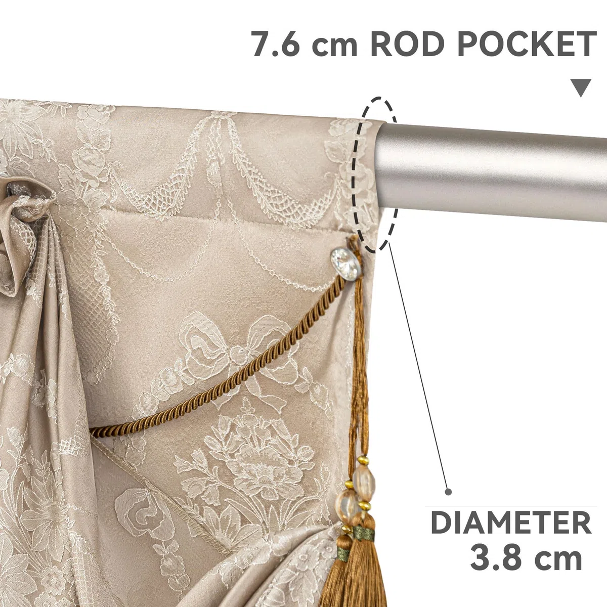 Cenefa para Ventanas, Cenefa de Cascada Damasco con Borlas, Cortina Corta para Dormitorio, Salón, Cocina 1 Pieza (Ancho 100cm, Arena)