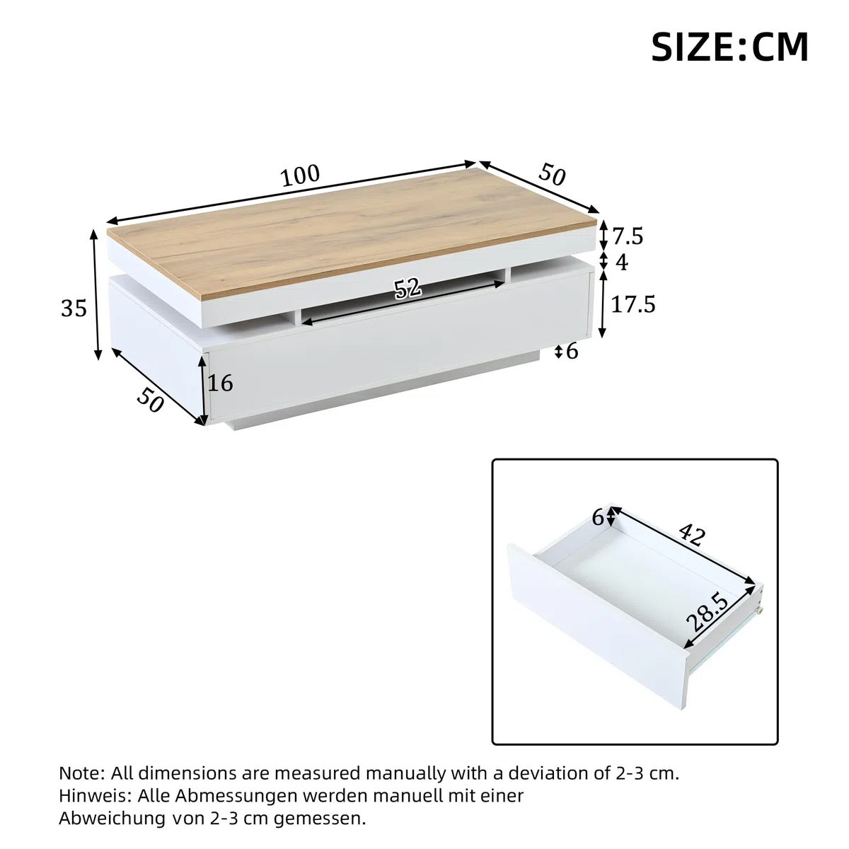 SACOOL 100 x 50 x 35 cm Mesa de centro con 2 cajones, mesa auxiliar LED de alto brillo, mesa de té, mesa de sofá, mesa de salón, mesa de café, color blanco + tono de madera, blanco, madera