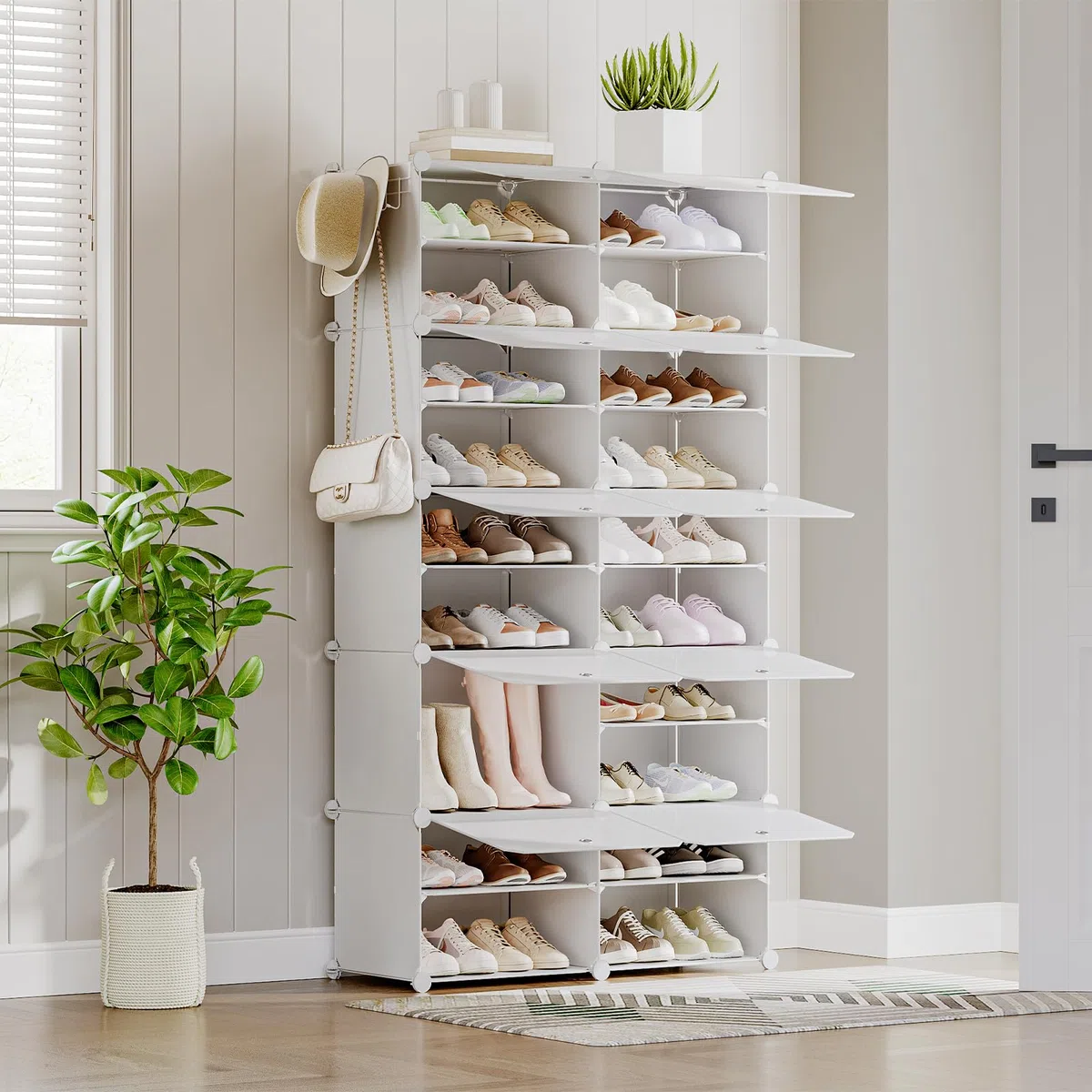 HOOBRO Mueble Zapatero, 10 Compartimentos, Modular Zapatero, Estantería de Plástico, con Puerta, Compartimento 40 x 30 x 30 cm, para Salón, Pasillo, Entrada, Dormitorio, Blanco EWT210SC01
