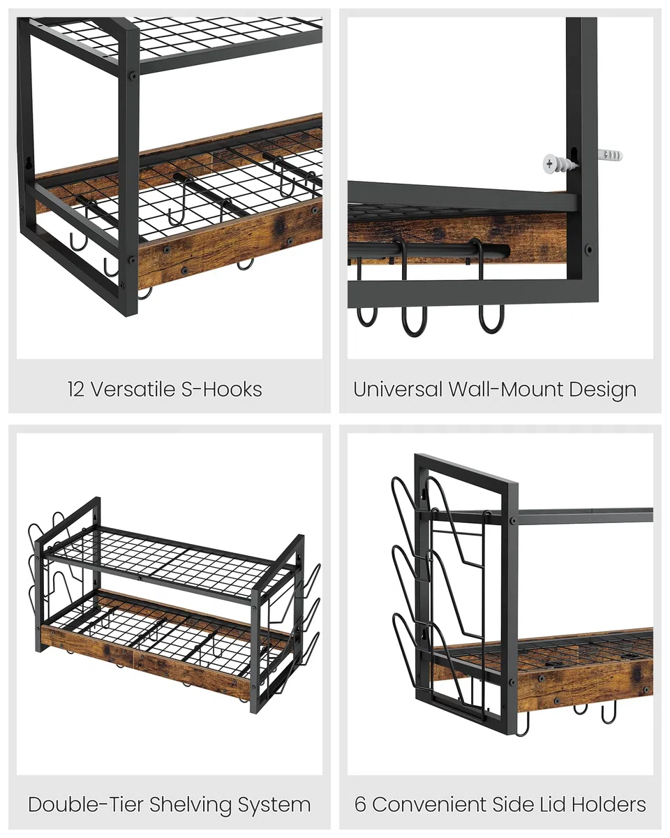 CHOEZON Soporte de Pared para Ollas, Estante de Cocina de 2 Niveles para Ollas y Tapas, Soporte para Sartenes, Vajilla y Utensilios de Cocina con 12 Ganchos, Marrón Vintage y Negro DTPR02BF