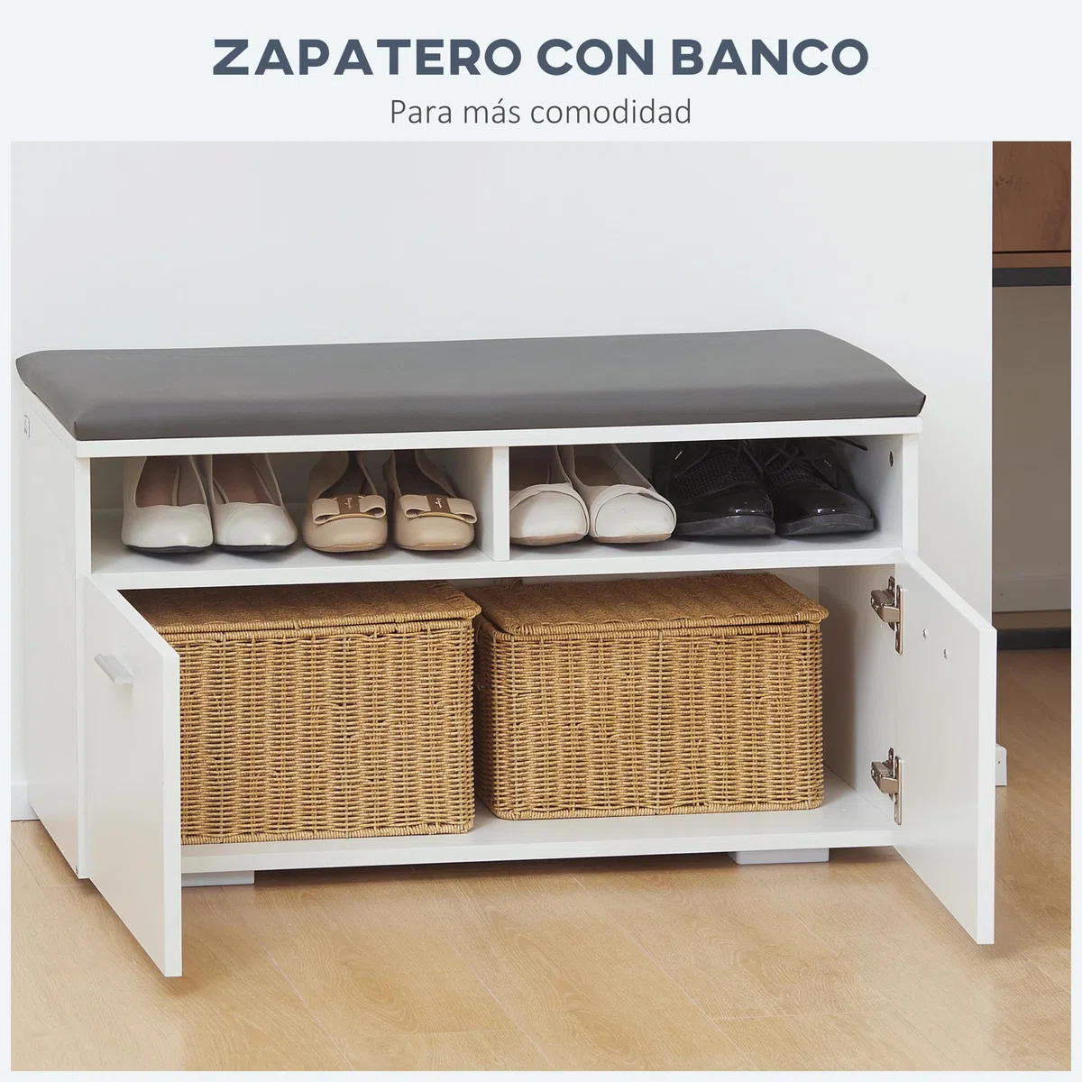 HOMCOM Conjunto de Recibidor con Espejo Perchero y Zapatero Recibidores de Entrada con 3 Ganchos 2 Puertas y Estantes para 8 Pares de Zapatos Blanco