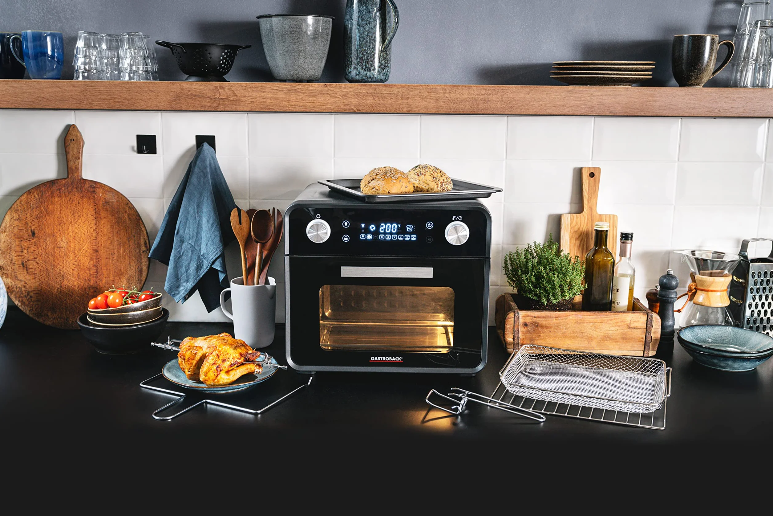 GASTROBACK Horno de diseño #42815 Air Fry & Pizza, 1680 W, 5 en 1: horno para pizza, freidora de aire caliente, mini horno, pincho giratorio para barbacoa y deshidratador, capacidad de 22 litros, 3