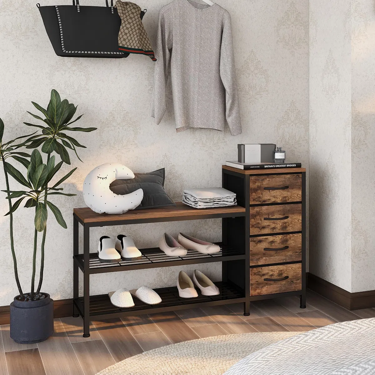 Zapatero de 3 niveles con 4 cajones y asiento con espacio de almacenamiento para pasillo, entrada, salón o pasillo, marco de metal y superficie de madera