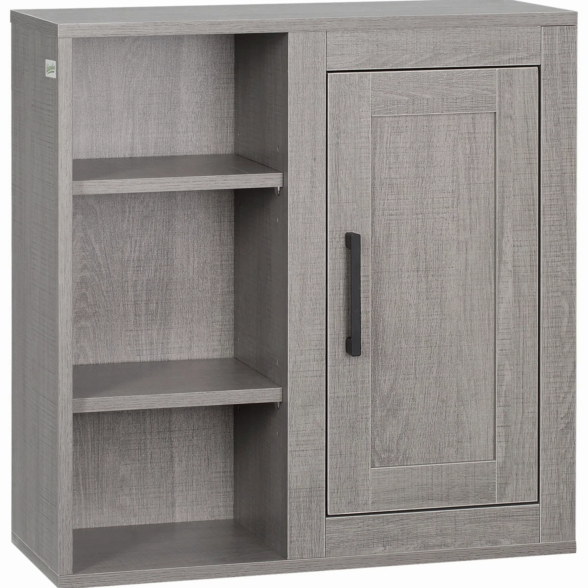 kleankin Armario de Baño de Pared con 3 Estantes Abiertos y 1 Puerta Mueble Auxiliar Suspendido para Salón Aseo Dormitorio Estilo Moderno 48x20x50 cm Gris