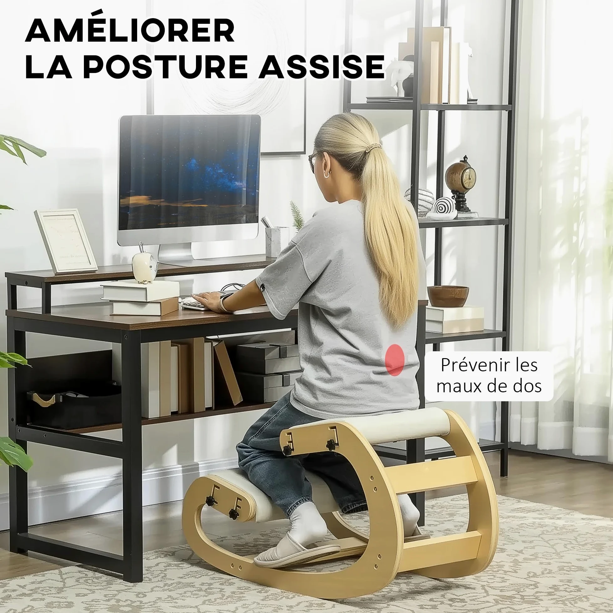 HOMCOM Silla de Rodillas, Mecedora ergonómica de Madera, Silla de Rodillas Ajustable para la Oficina en casa, Mejorar la Postura, Dolor de Espalda, Crema