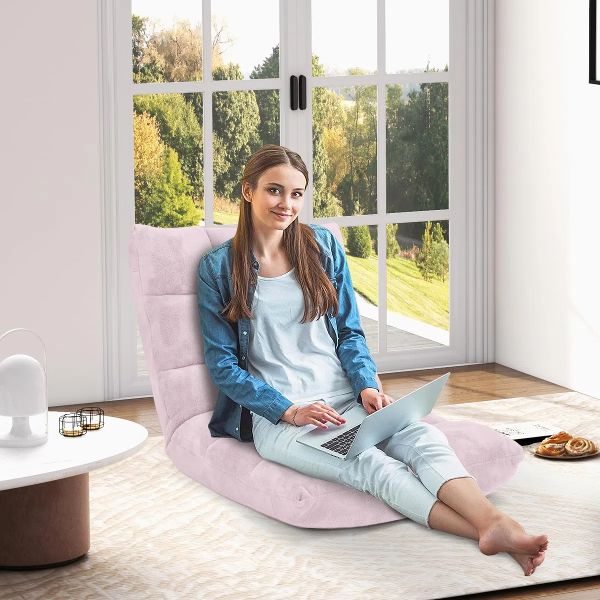 COSTWAY Sofá Suelo, Silla de Suelo Individual, Respaldo Ajustable en 14 Posiciones, Sofá Perezoso con Esponja Gruesa y Tela de Terciopelo, Silla Plegable de Meditación y de Lectura (Rosado Claro)
