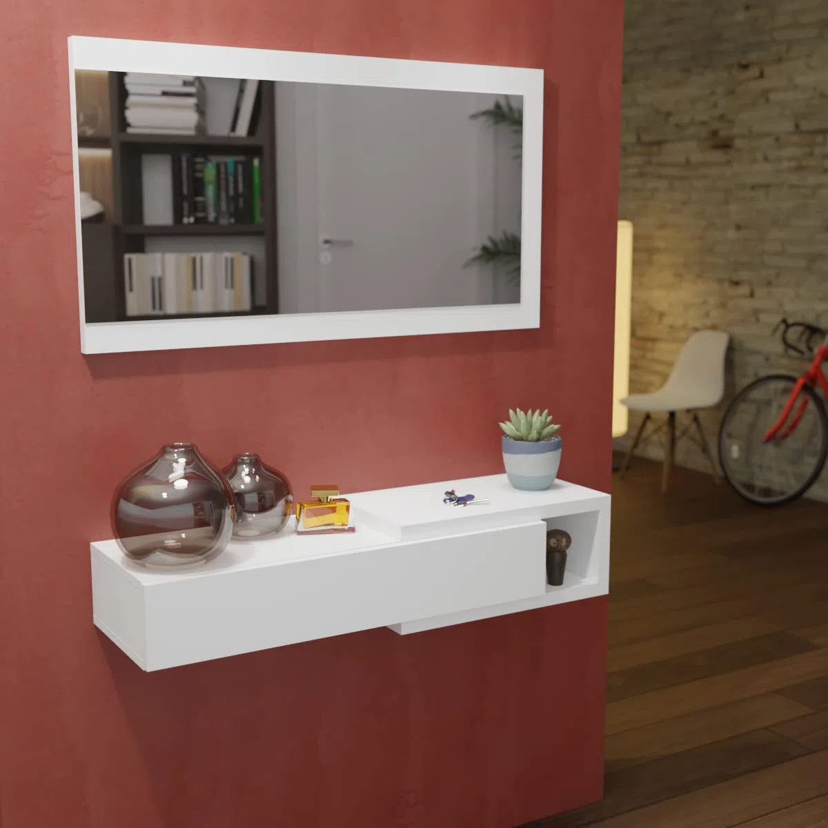 Homey Mueble Recibidor Horizontal, Modelo Alais, Práctico y Funcional, Color Blanco, Medidas: 91,5 cm Largo x 26 cm Fondo x 69,2 cm Alto