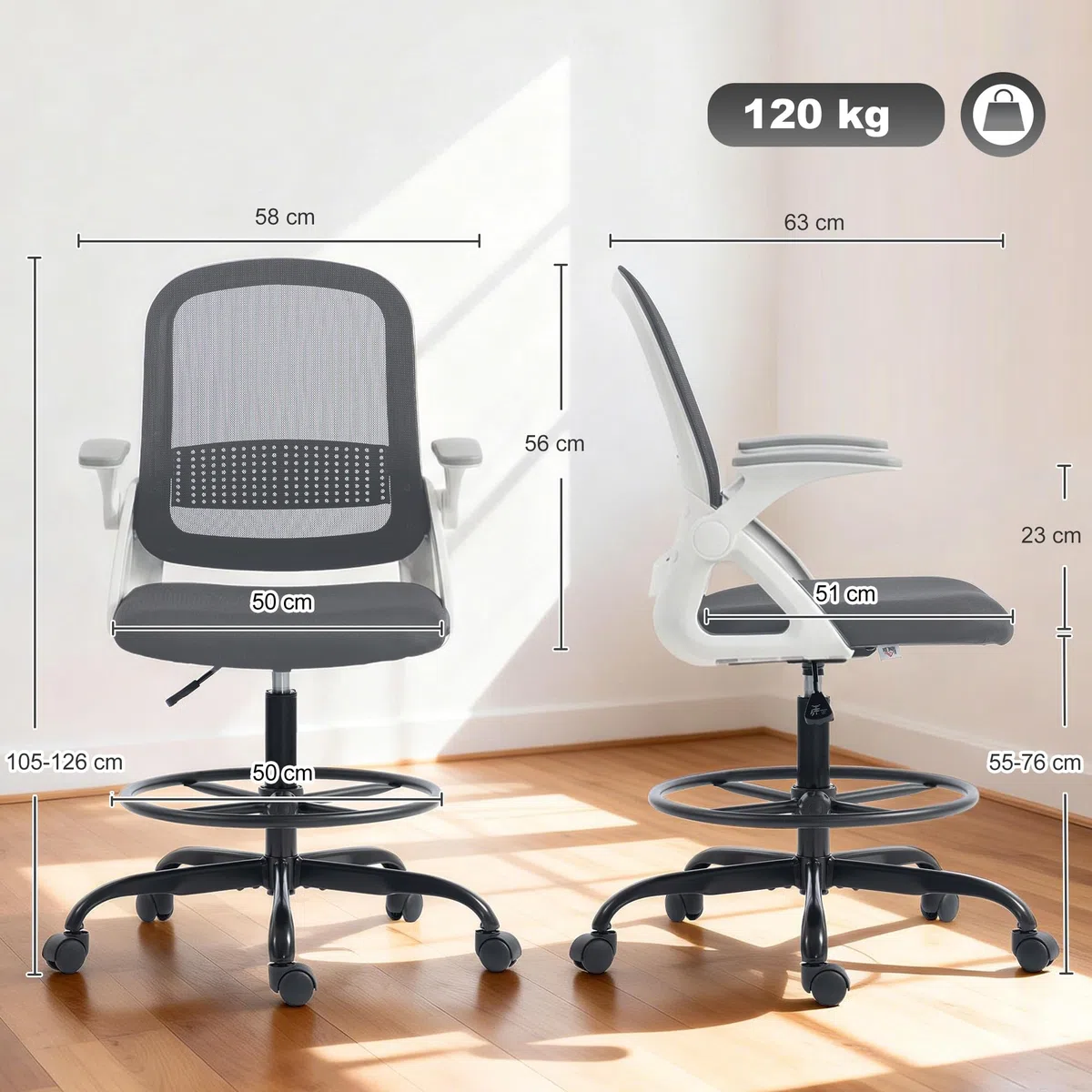 HOMCOM Silla de Escritorio de Malla, Silla de Dibujo con Reposabrazos Abatibles, Altura Ajustable, Soporte Lumbar, Reposapiés, Ruedas Giratorias para Oficina, Estudio, Gris