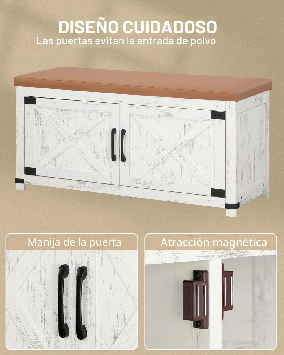 Hzuaneri Banco Zapatero con cojín, Mueble Zapatero Entrada con Puertas, 8 Pares de Zapatos, 35 x 100 x 49 cm, Entrada, Dormitorio, Sala de Estar, Blanco y marrón SB26614KA