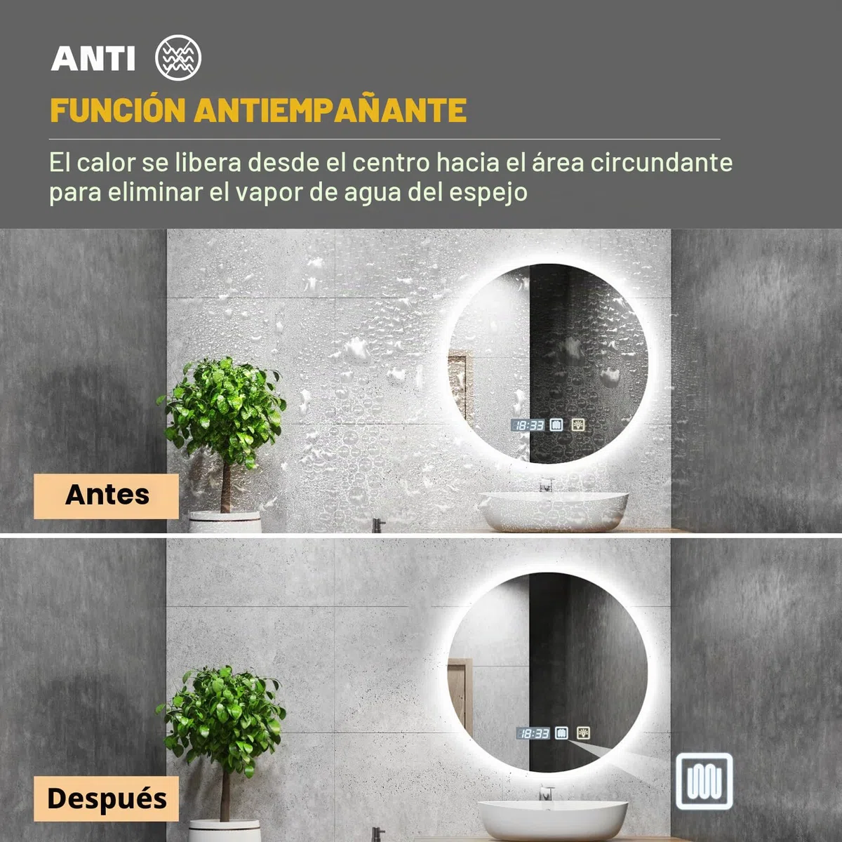 Sararoom Espejo Baño con Luz 60cm, Luces de Baño Espejos de Pared con Reloj, Función Antivaho, 3000K/4000K/6500K, Regulable, Memoria, Cristal Templado HD, IP44 Espejos de Tocador LED Retroiluminado