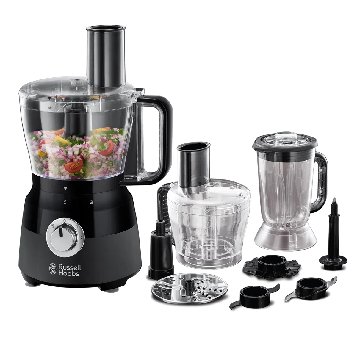 Russell Hobbs Procesador de Alimentos Matte Black - Cuchilla Acero Inoxidable, Disco Corte y Rallado, Amasador, Disco para Cremas, Jarra Batidora 1,5L, 2 Velocidades, Función Pulse, Negro - 24732-56