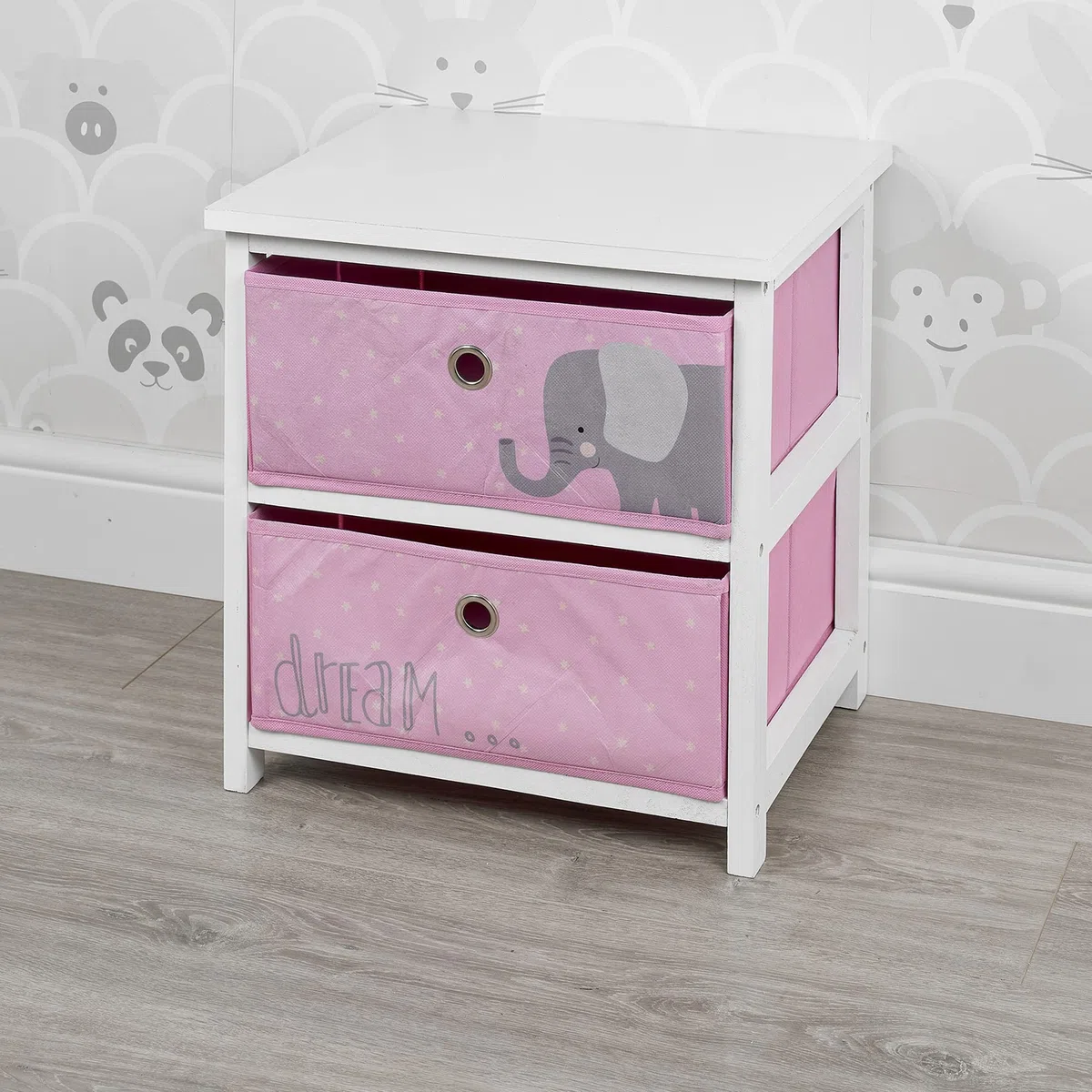 Mesita de noche de madera MDF con 2 cajones para niños, niñas y niños, mueble de dormitorio (elefante rosa)